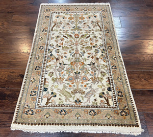 Indo Persian Rug 3x5 ft, Tree of Life Animal Pictorial Motifs, Cream Tan Handmade Wool Small Oriental Carpet, Vintage Indian Rug 3 x 5 ft - Jewel Rugs