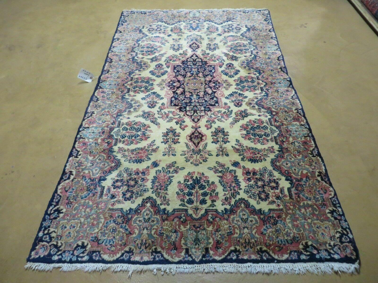 Antique Persian Kirman Rug 3.9 x 6.6, Floral Oriental Carpet, Ivory/Cream - Blue - Pink, Hand Knotted Wool Rug, Floral Medallion Rug 4x6 - Jewel Rugs