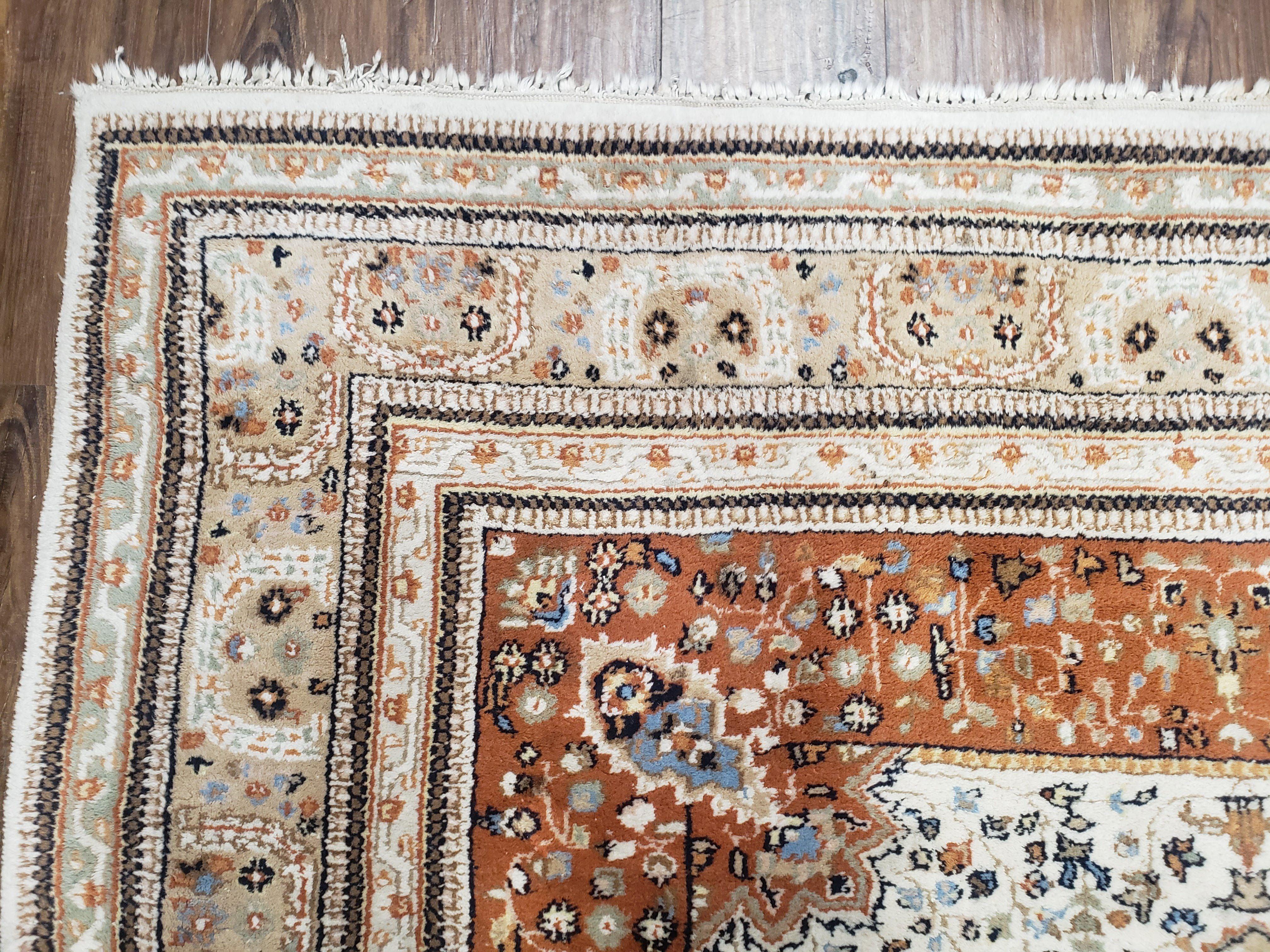 6x9 Vintage Indo-Persian Area Rug, Wool Hand-Knotted Carpet, Ivory & Squash Orange, Floral Medallion Tribal Rug, Indian Carpet, Decorative - Jewel Rugs