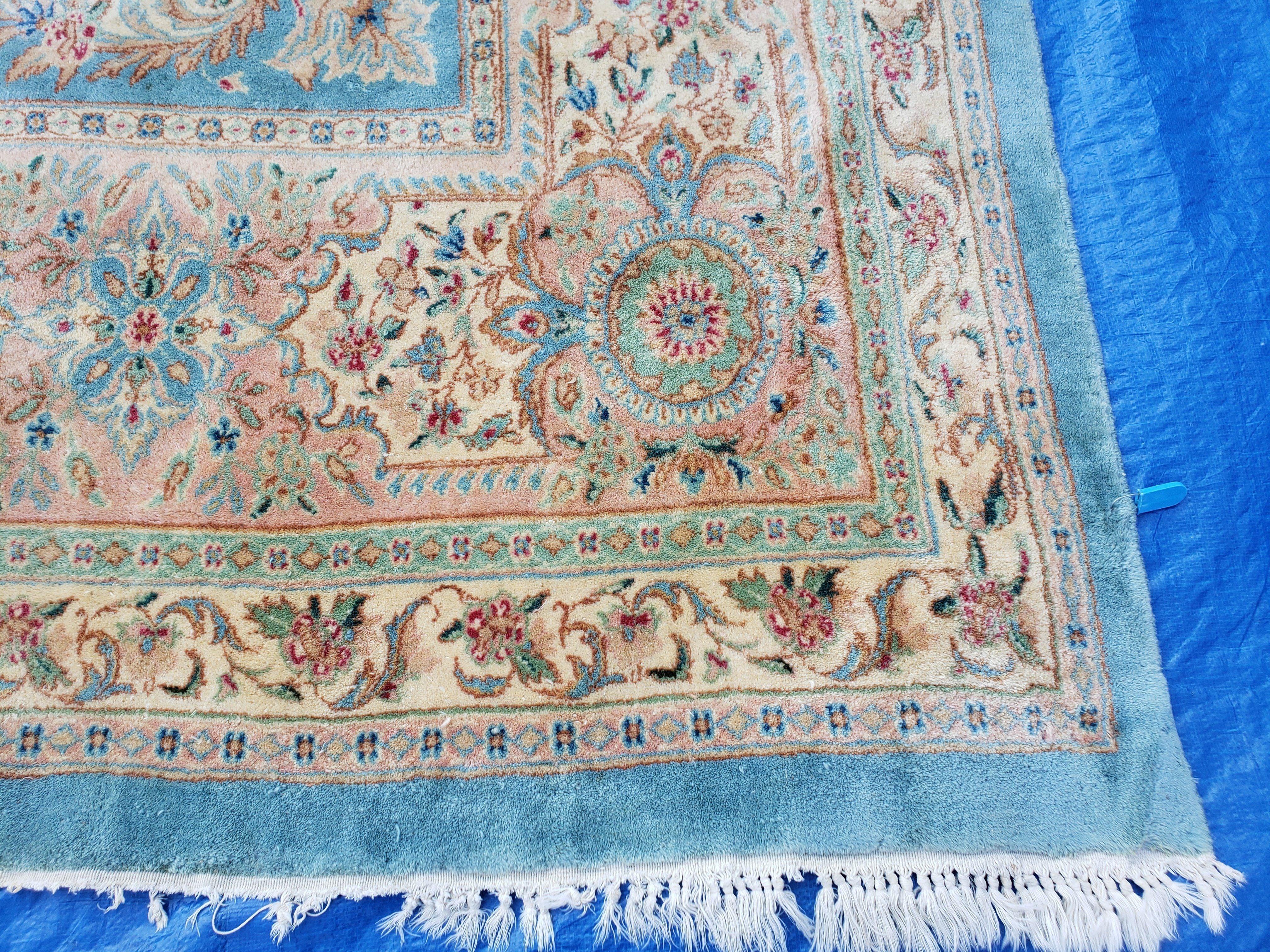 Vintage Oversized Persian Kirman Rug, Hand-Knotted, Wool, Light Blue and Ivory, 12' x 20' - Jewel Rugs