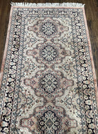 Silk Kashmiri Runner 2.7 x 10 ft Vintage Rug, Ivory Pastel Pink, Hand-Knotted Vintage Runner, Hallway Carpet, Indian Rug Medallion Runner - Jewel Rugs