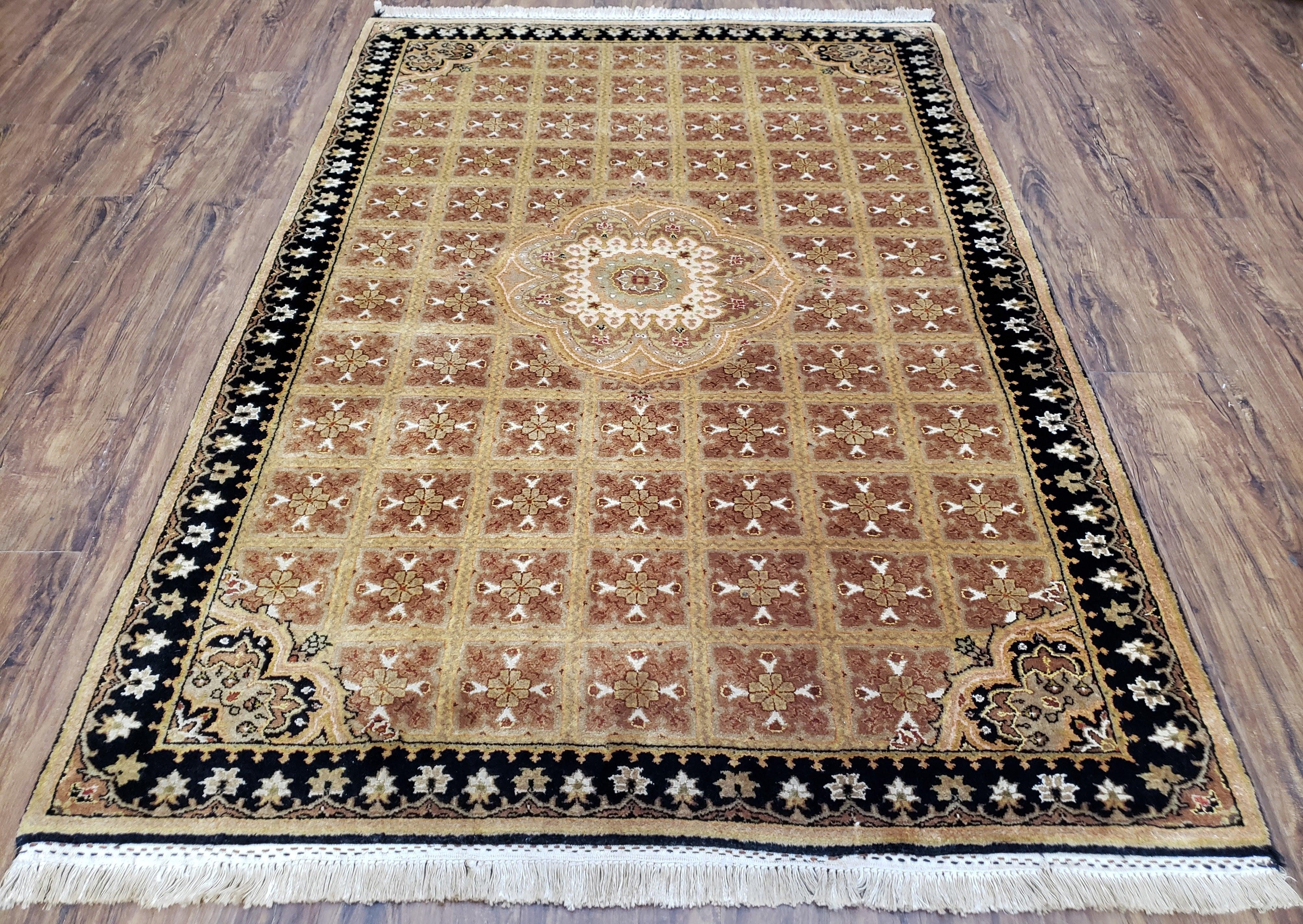 Indo Persian Rug, 4x6 Rug, Panel Design Rug, Foyer Room Rug, Entryway Rug, Indian Handmade Wool Area Rug, Dark Rose - Tan - Ivory - Black - Jewel Rugs