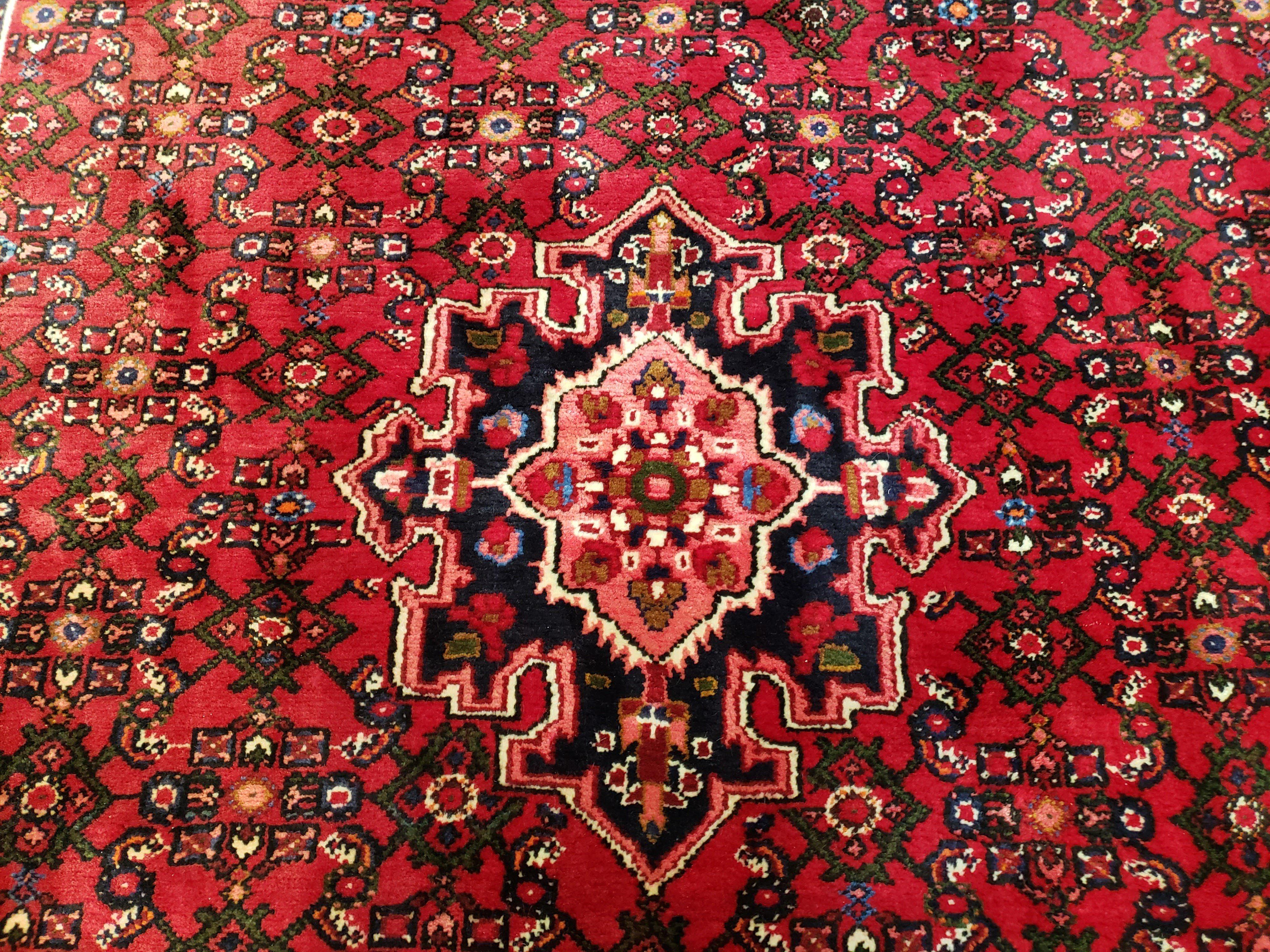 Vintage Persian Hamedan Dargazin Rug, Red, Hand-Knotted, Wool, 7' x 10' 2" - Jewel Rugs