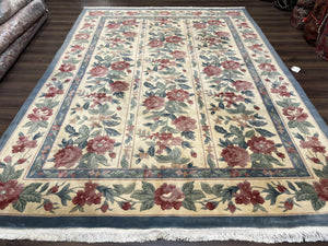 Chinese Wool Rug 8x11, Vintage 1960s Carpet, Cream and Teal, Floral Garden Panel, 8 x 11 ft Area Rug, Soft Handmade Room Sized 120 Line Rug - Jewel Rugs