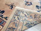 Antique Chinese Peking Area Rug 9x12, Beige & Blue, Hand-Knotted, Peacocks, Chinese Art Deco Carpet, Early 20th Century Rug, Light Colors - Jewel Rugs