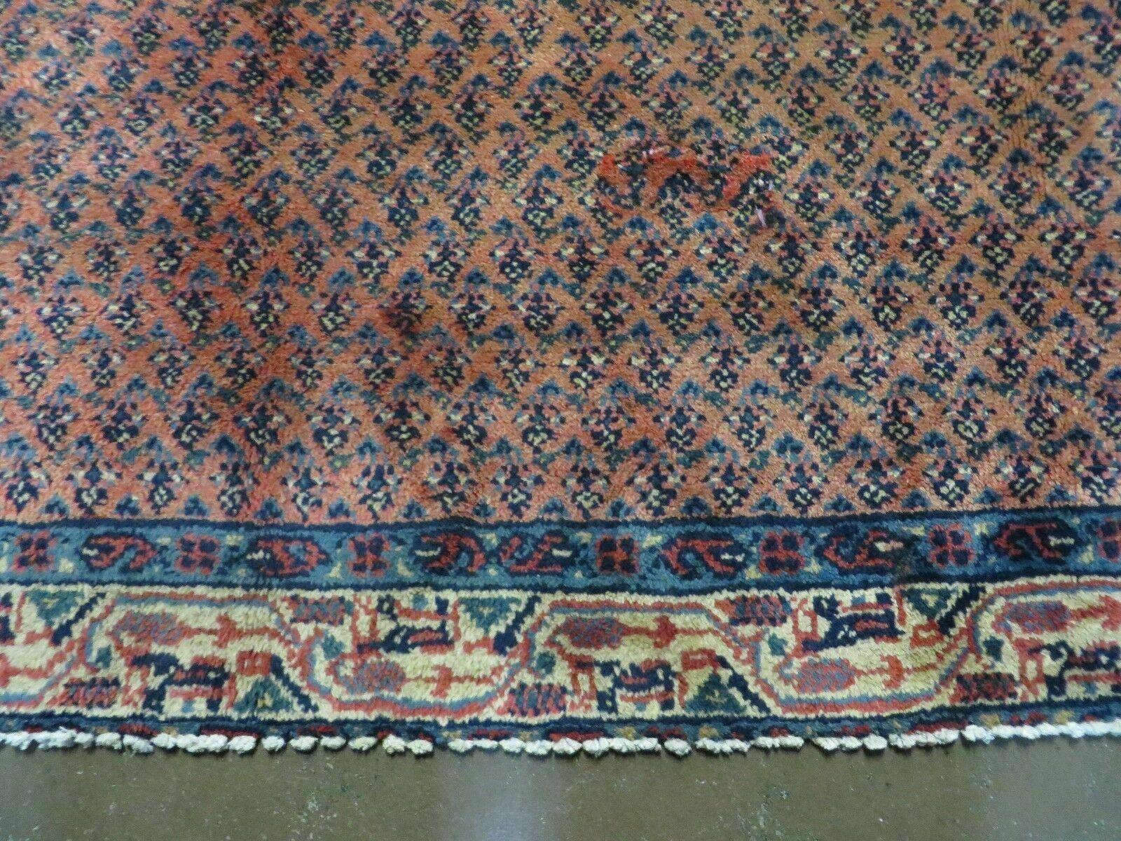 Persian Runner Rug 3.7 x 11, Persian Seraband Saraband Rug, Mir Pattern, Repeated Paisley Boteh, Red Beige and Blue, Hand Knotted Vintage Antique Wool Oriental Runner 11ft - Jewel Rugs