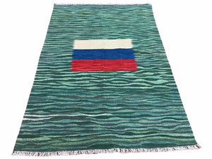 Sea Green Kilim Area Rug, White Blue Red Stripes, Russian Flag Rug, Flatweave Hand Knotted Carpet, Turkish Carpet, Wool, New, 5' 6" x 7' 10" - Jewel Rugs