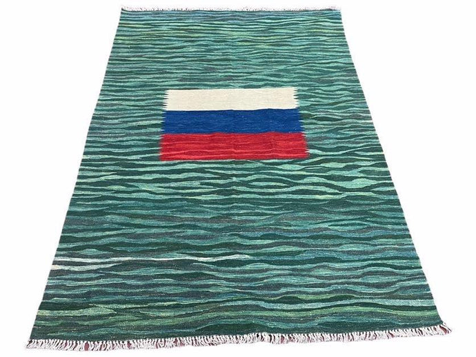 Sea Green Kilim Area Rug, White Blue Red Stripes, Russian Flag Rug, Flatweave Hand Knotted Carpet, Turkish Carpet, Wool, New, 5' 6