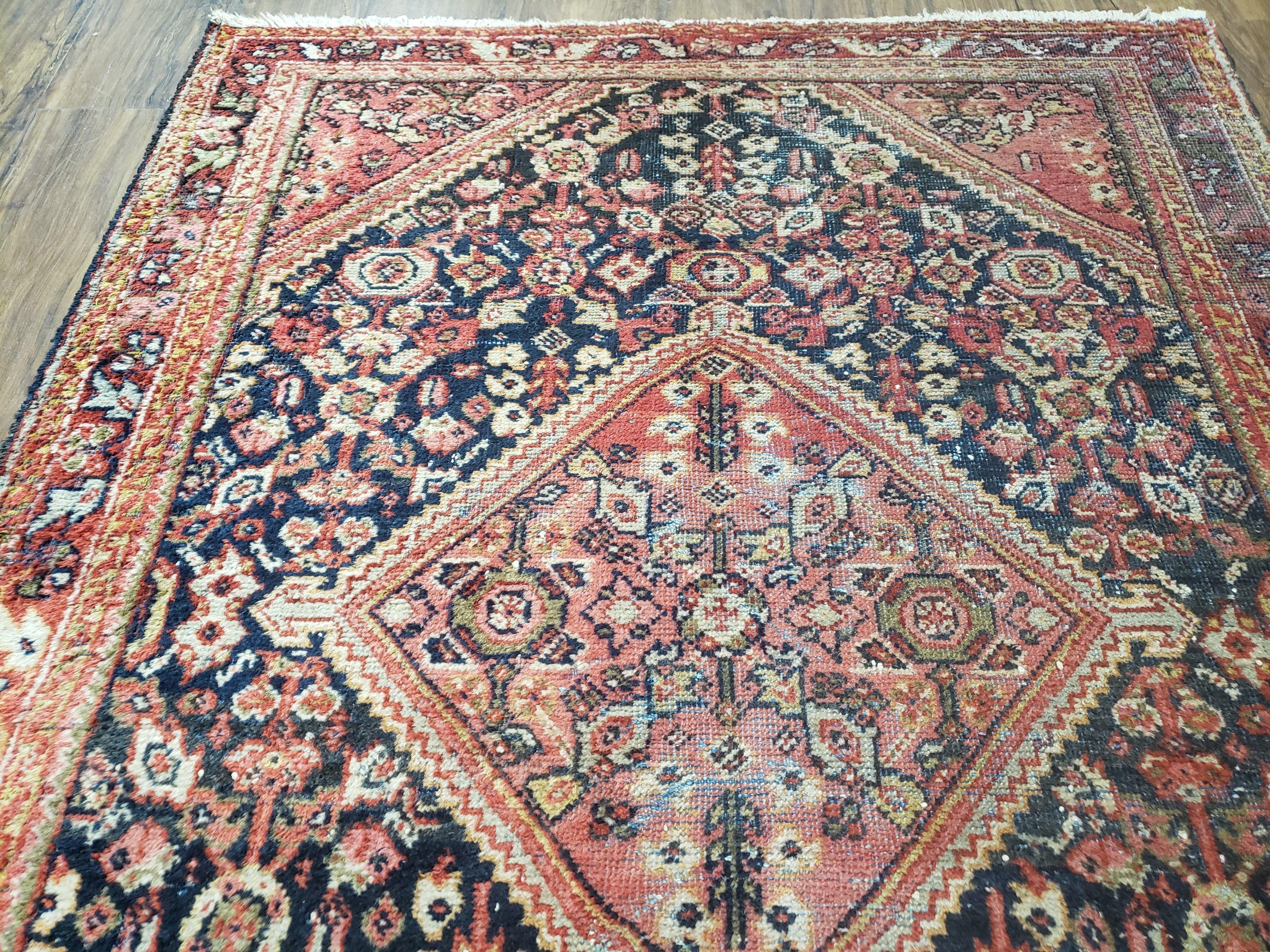 Antique Persian Mahal Area Rug 4.4 x 6.6, Wool Hand-Knotted Shabby Chic Oriental Rug, Red Black 1930s Foyer Room Carpet, Low Pile Boho Rug - Jewel Rugs