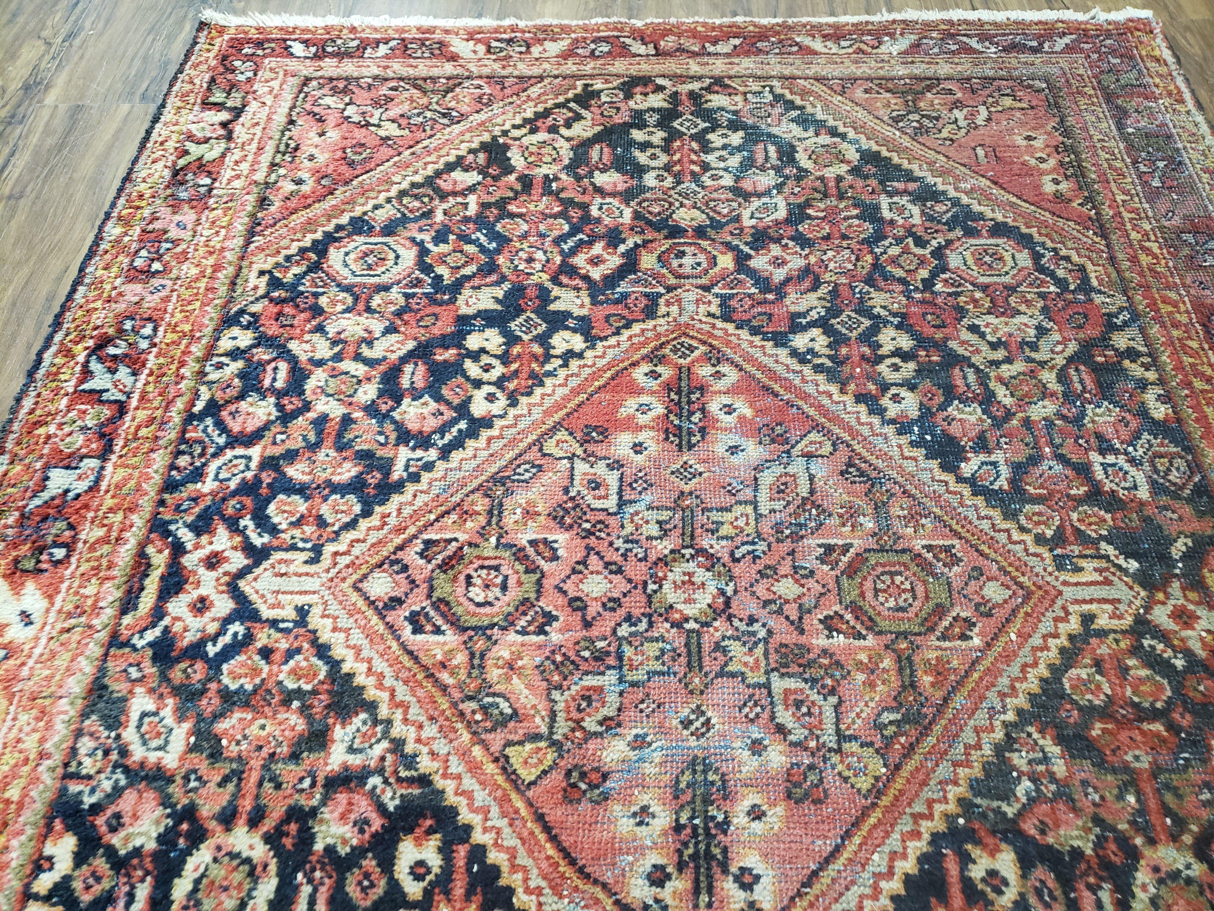 Antique Persian Mahal Area Rug 4x6 - 5x7, Wool Hand-Knotted Shabby Chic Oriental Rug, Red Black 1930s Foyer Room Carpet, Low Pile Boho Rug - Jewel Rugs