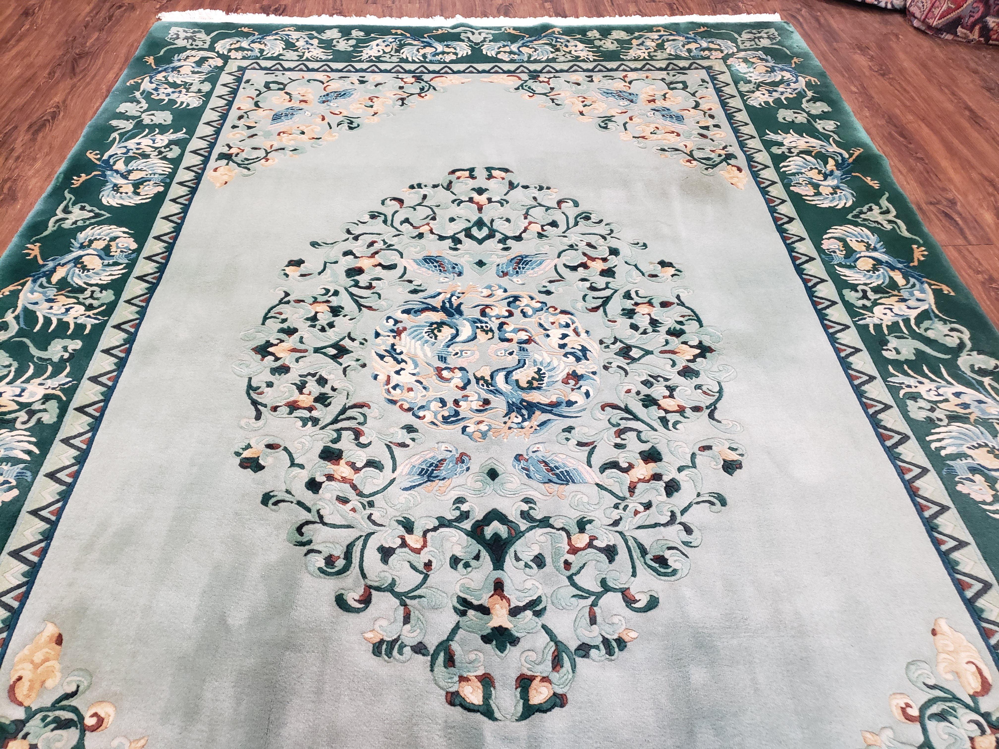 Vintage Chinese Art Deco Area Rug 6 x 9, Wool Hand-Knotted Light Teal Oriental Carpet, 6x8 - 6x9 Nichols 1950s Rug, Birds Phoenix, Pair B - Jewel Rugs