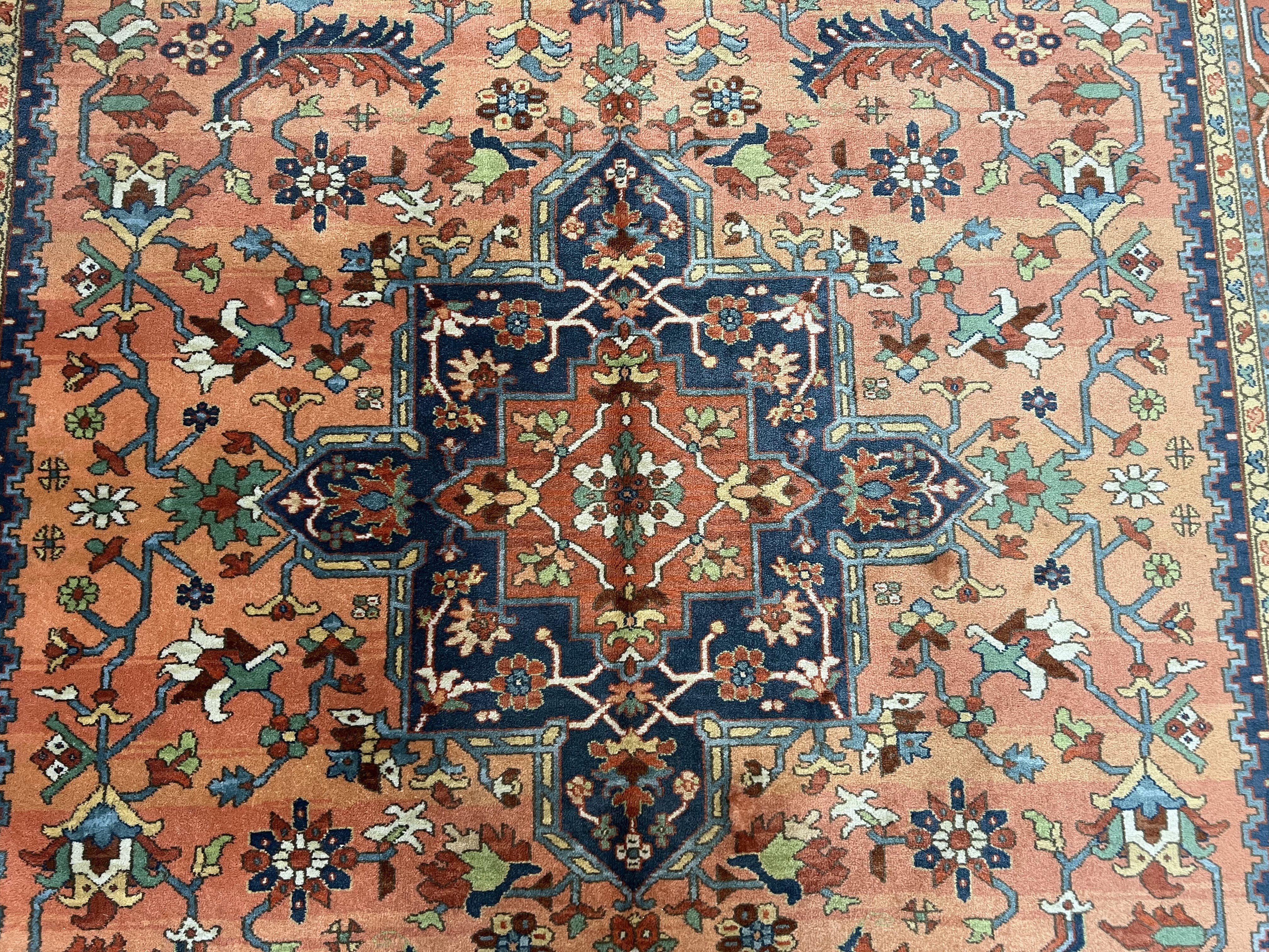 Karastan Medallion Serapi Rug #736, Vintage Wool Karastan Carpet 8.8 x 12, Discontinued Original 700 Series Karastan Area Rug, Red Blue - Jewel Rugs