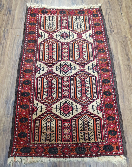 Semi Antique Persian Turkoman Baluch Collectible Rug, Hand-Knoted, Wool, 2'2
