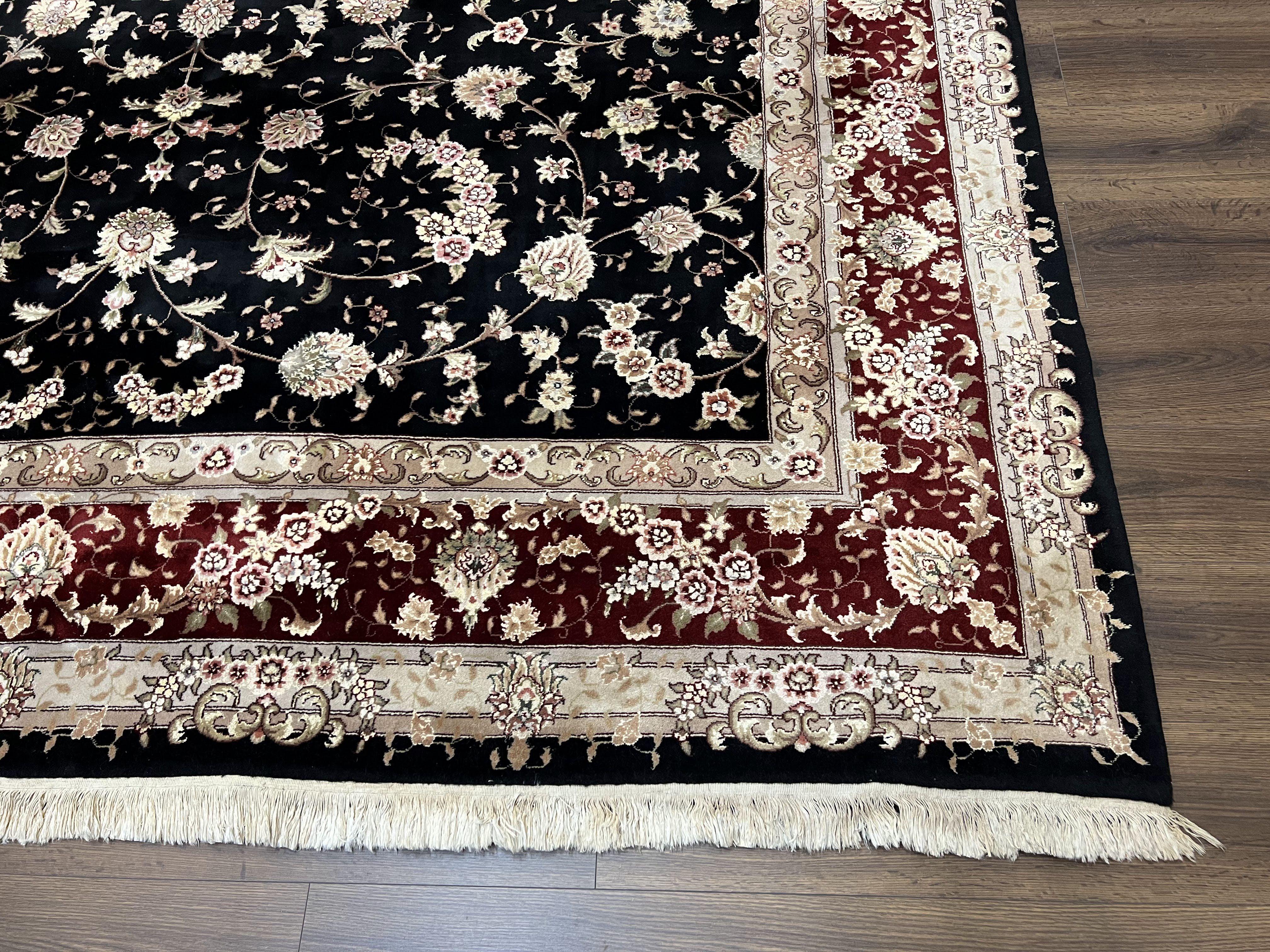 Sino Persian Rug 9x12, High Quality Oriental Carpet, Black and Maroon, Wool and Silk, Allover Floral Pattern, Hand Knotted, Vintage Rug Nice - Jewel Rugs