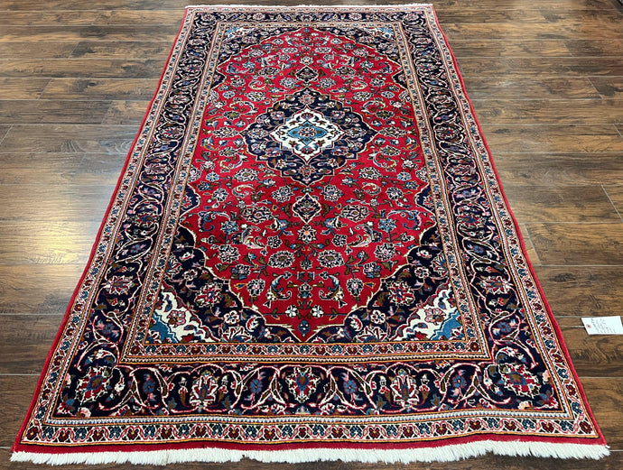 Persian Kashan Rug 4.9 x 8.5, Red and Navy Blue Semi Antique Vintage Wool Oriental Carpet, Hand Knotted Rug, Floral Medallion, High Quality Rug - Jewel Rugs