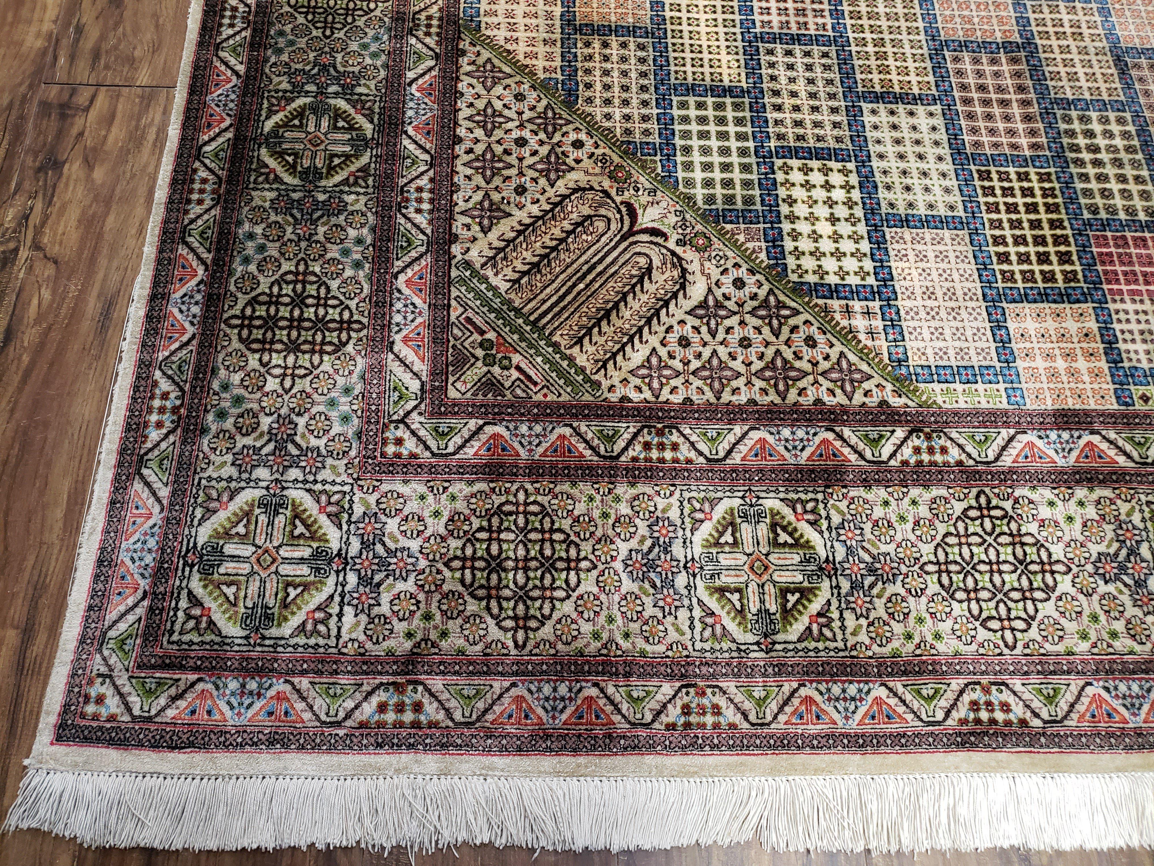 Sino Persian Silk Rug 6.4 x 9.9, Very Fine Hand Knotted Carpet, Panel Design Multicolor, Silk Pile on Silk Foundation, Handmade Vintage - Jewel Rugs