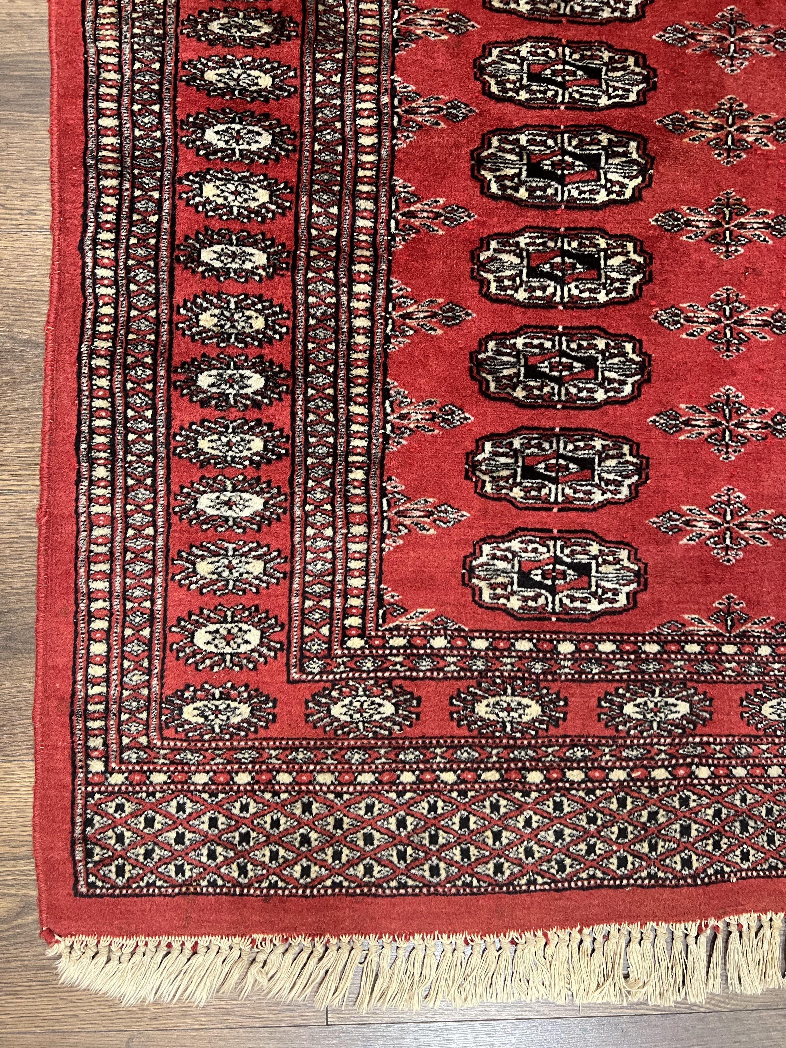 Pakistani Bokhara Rug 3x5, Red Turkoman Carpet 3 x 5 ft, Hand Knotted Wool Vintage Tribal Bohemian Rug, Elephant Foot Motif, Handmade Nice - Jewel Rugs