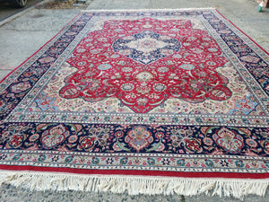 10x14 Handmade Medallion Rug, Vintage 10 x 14 Red Oriental Carpet, 14x10 Hand-Knotted Rug, Palace Sized Floral Persian Rug, Detailed, Birds - Jewel Rugs