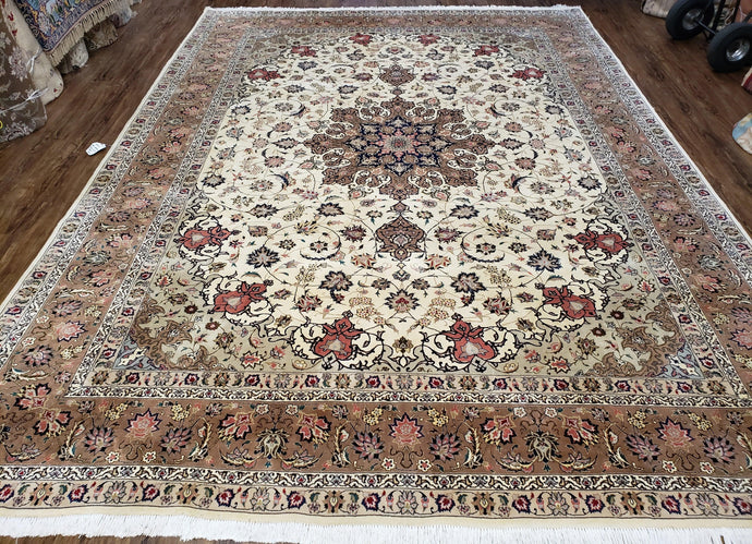 Vintage Persian Tabriz Rug, Ivory & Rose Red, Hand-Knotted, Wool and Silk Highlights, 8'2