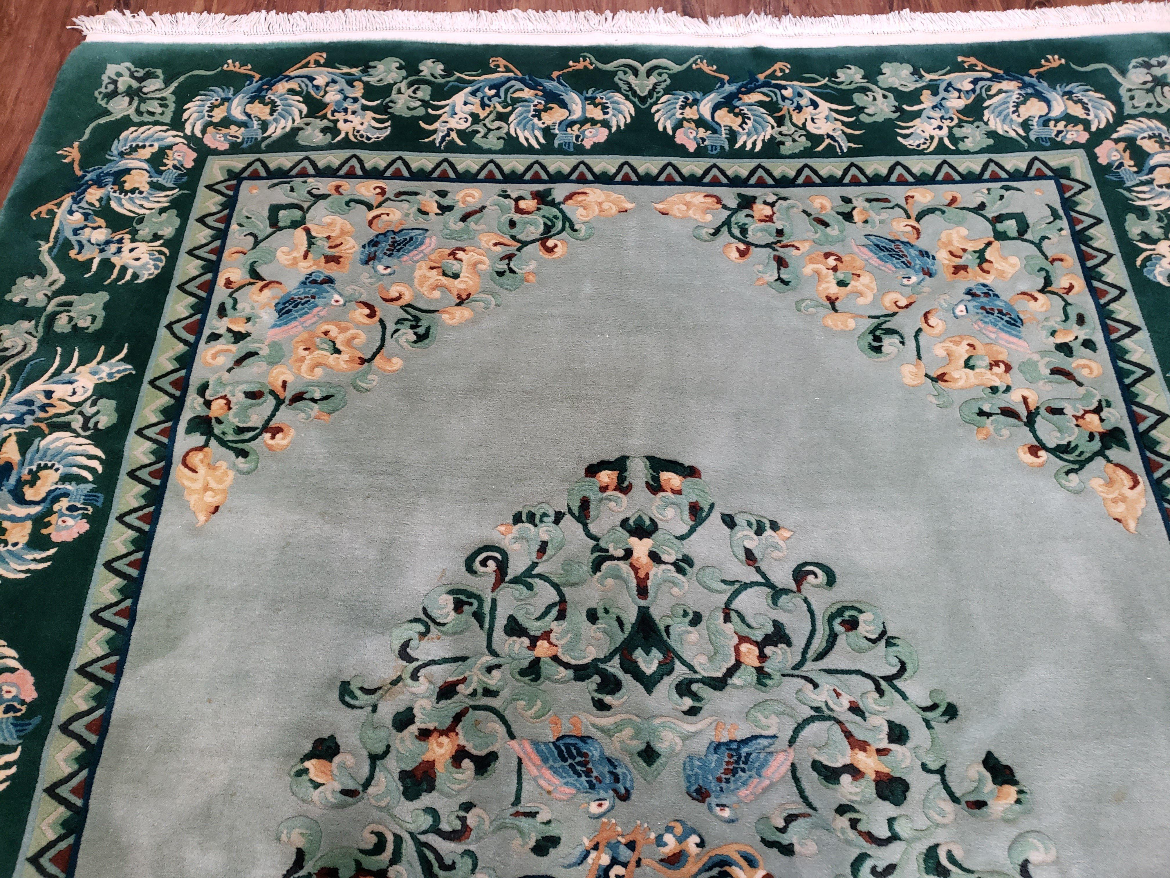 Vintage Light Teal & Green Chinese Art Deco Area Rug 6x9, Wool Hand-Knotted Carpet, 6 x 9 Nichols Rug, 1950s Birds Phoenix Rug, Pair A - Jewel Rugs