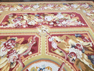 Vintage Chinese Aubusson Savonnerie Flat Pile Rug 9.9 x 14.5 Wool Handwoven Red & Khaki Large Flowers Rug 9x14 - 10x15 Michaelian Kolhberg - Jewel Rugs