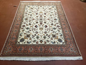 Semi Antique Persian Tabriz Rug, Beige and Salmon Red, Floral Pattern, Hand Knotted, Wool, 5x7 ft - Jewel Rugs