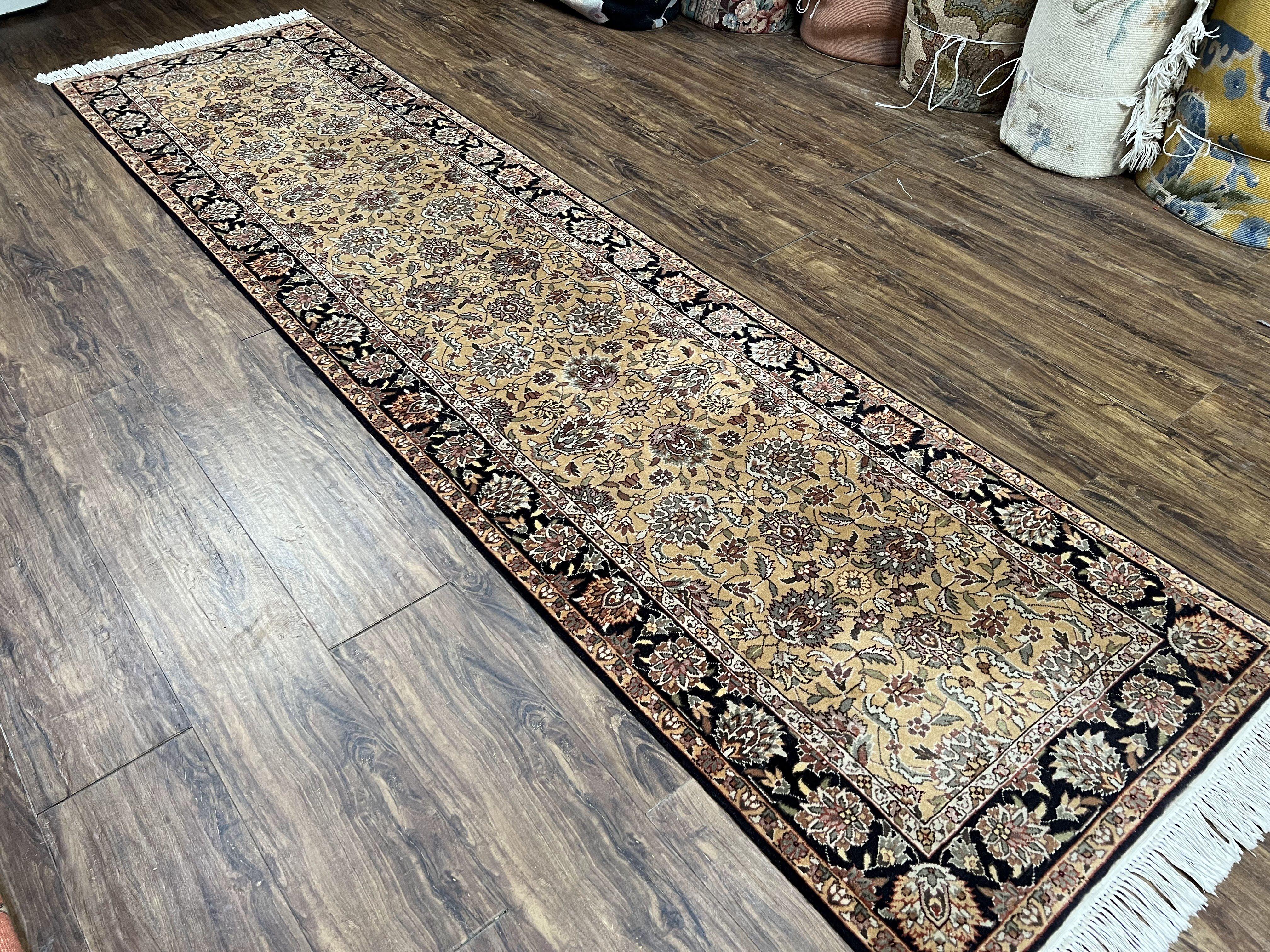 Sino Persian Runner Rug 3 x 10 ft Oriental Runner, Hand Knotted Vintage Hallway Rug, High Quality Wool 10ft Runner, Tan Black Allover Floral - Jewel Rugs