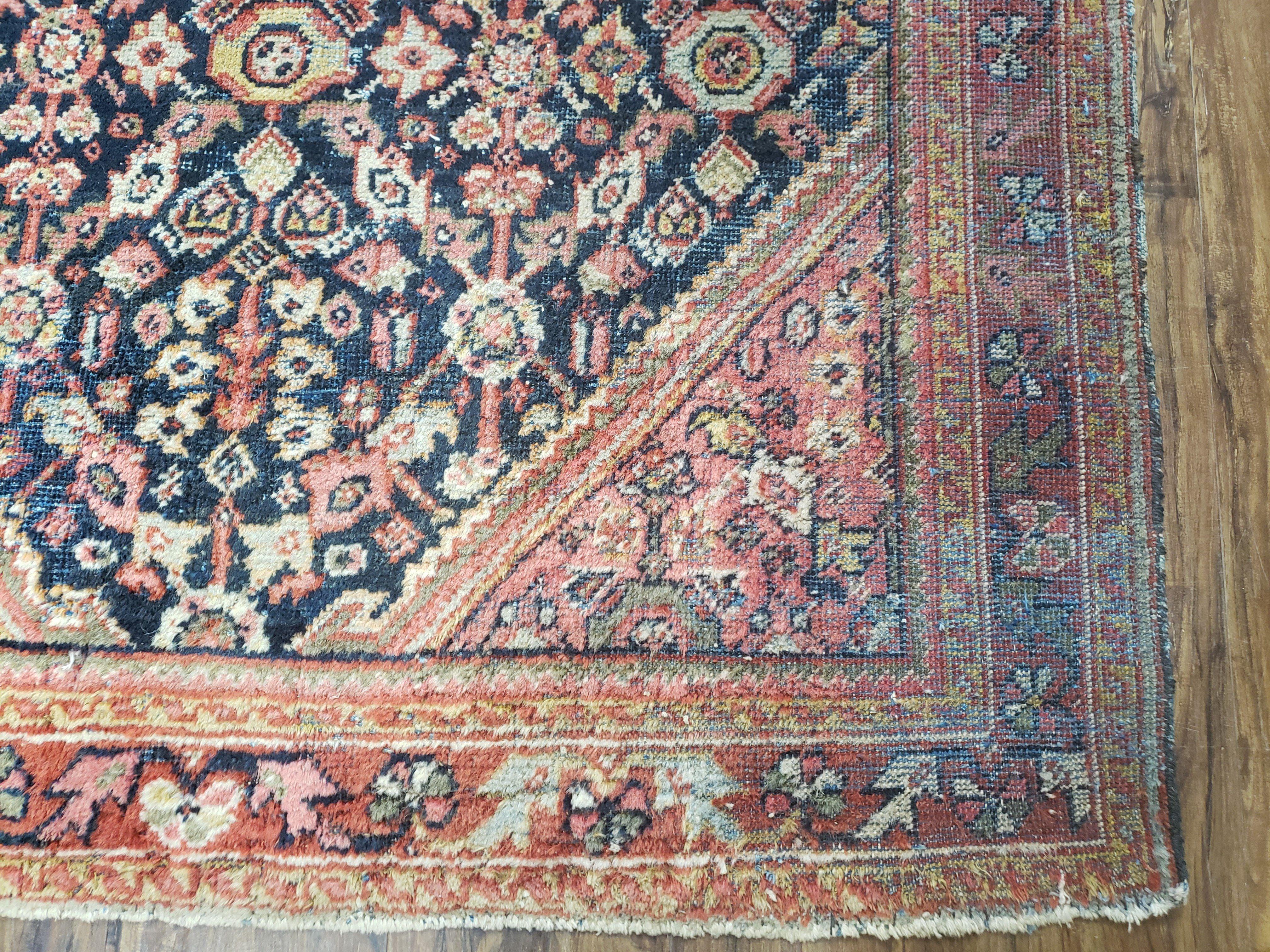 Antique Persian Mahal Area Rug 4.4 x 6.6, Wool Hand-Knotted Shabby Chic Oriental Rug, Red Black 1930s Foyer Room Carpet, Low Pile Boho Rug - Jewel Rugs