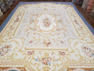 Vintage Aubusson Savonnerie Rug 9x12, Blue Flatweave Chinese Aubusson Rug 9 x 12, Elegant French European Style Blue & Light Blue Ivory Wool - Jewel Rugs