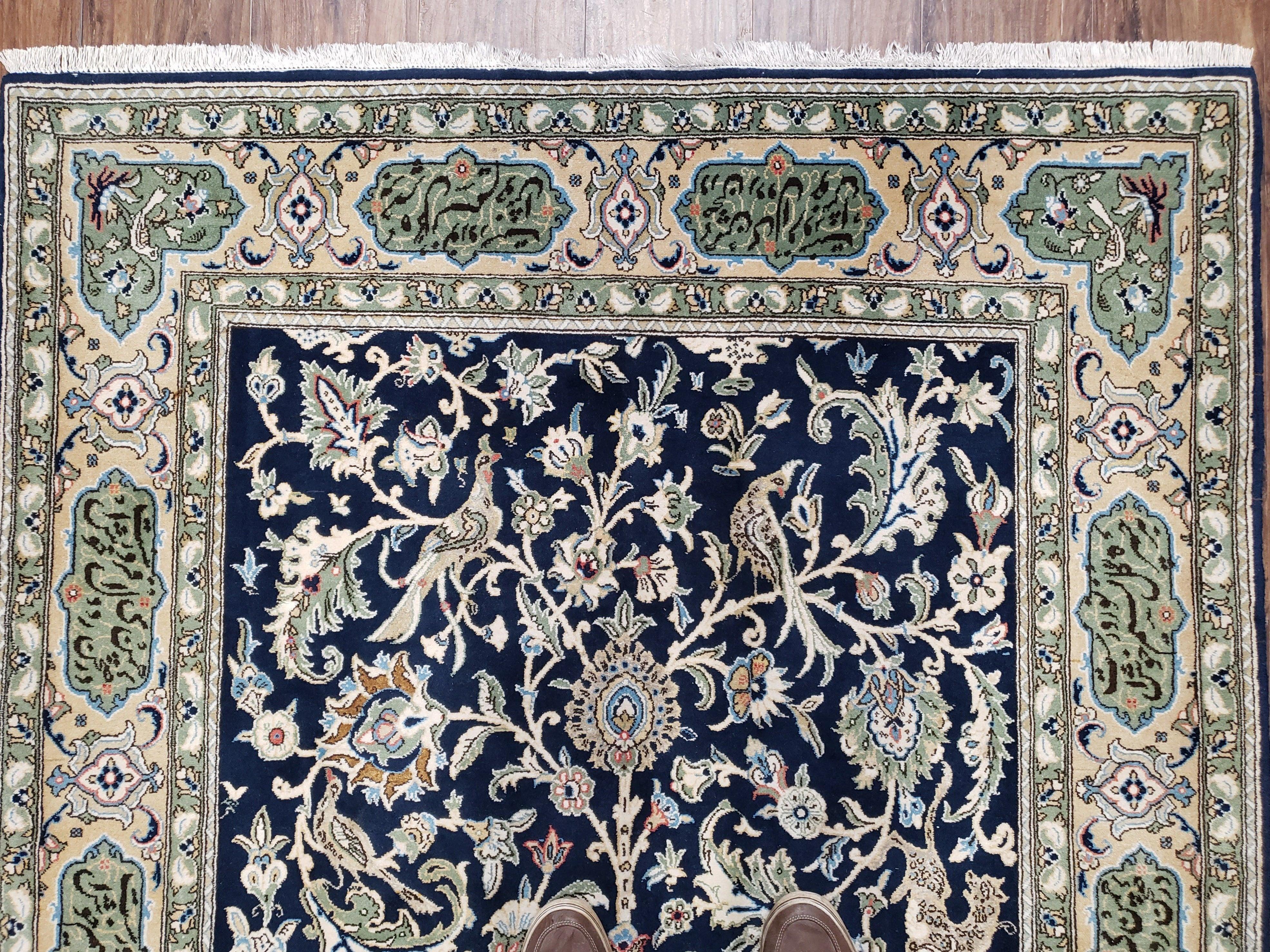 Semi Antique Persian Qum Tree of Life Rug, Hand-Knotted, Wool, Midnight Blue and Tan, Animal Pictorials, Written Poem in Borders, 4' 8" x 7' 8" - Jewel Rugs