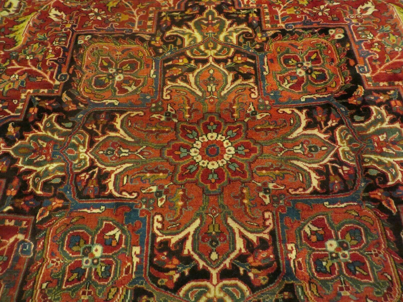 9' 5" X 12' 7" Handmade Perian Geometric Design Heriz Serapi Oriental Wool Rug Hand-Knotted Red Top Quality Veg Dyes - Jewel Rugs