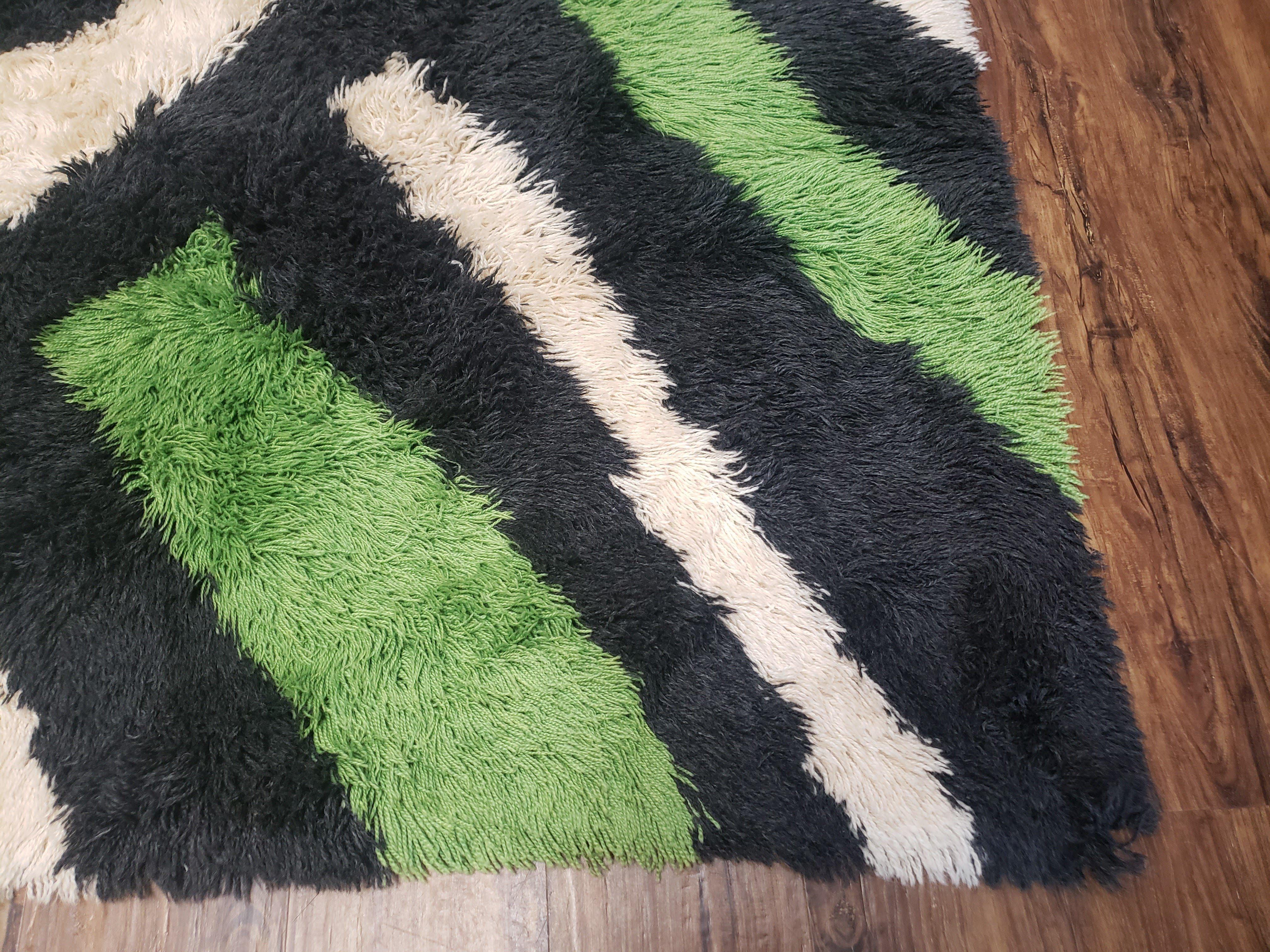 Rya Shag Rug 8x12, Mid-Century Ege Rya 1960s Carpet, Green White Black Modern Shag Rug, 8 x 12 Danish Rya, Soft High Pile, Abstract Rug - Jewel Rugs