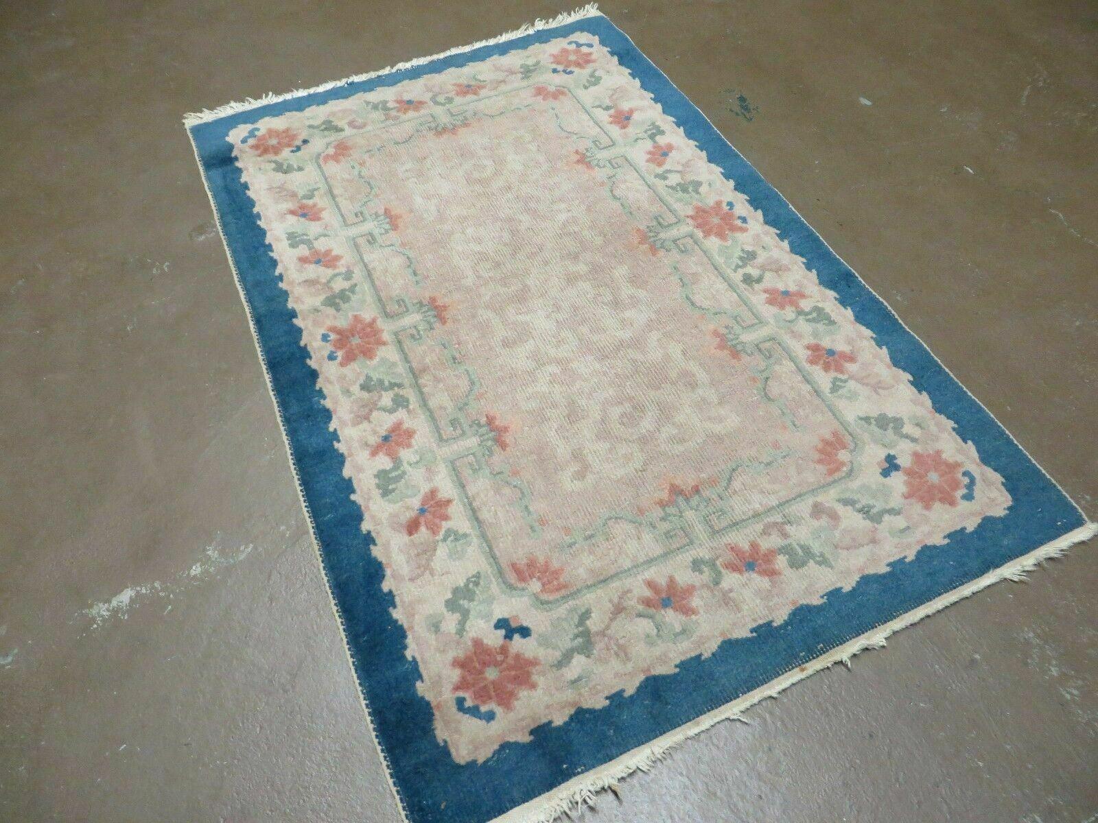 2.5' X 4' Vintage Handmade Chinese Art Deco Nichols Fette Wool Accent Rug Gray and Blue - Jewel Rugs