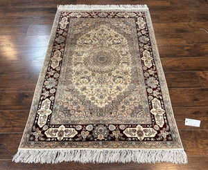 Silk Indian Kashmiri Rug 4x6 ft, Floral Medallion Hand Knotted Handmade Oriental Carpet, Vintage, Cream Burgundy, Very Fine Silk Rug 4 x 6