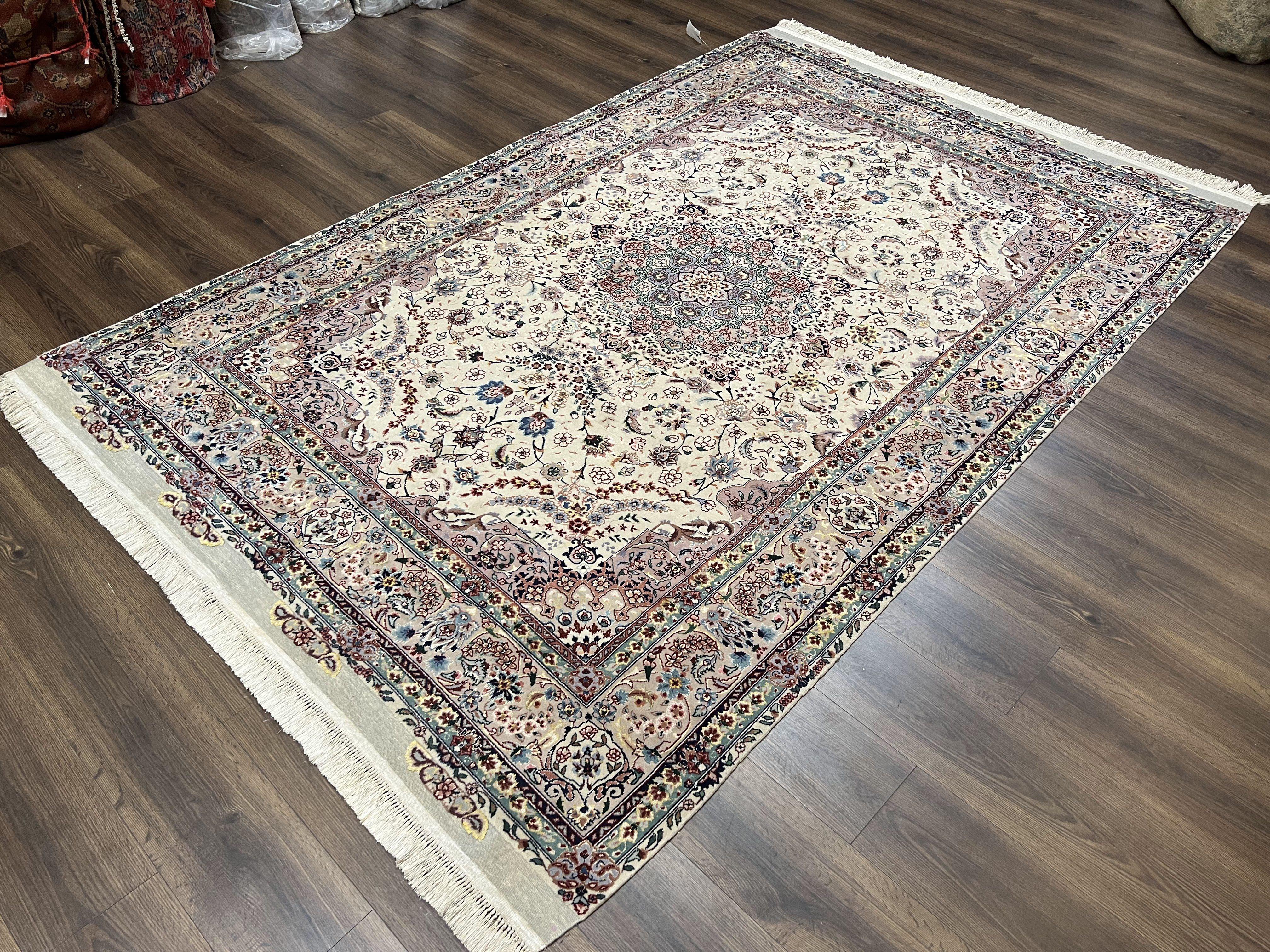 Beautiful Pak Persian Rug 6x9, Floral Medallion, Wool and Silk, Highly Detailed Elegant Carpet, Vintage Oriental Rug 6 x 9, Cream and Gray - Jewel Rugs