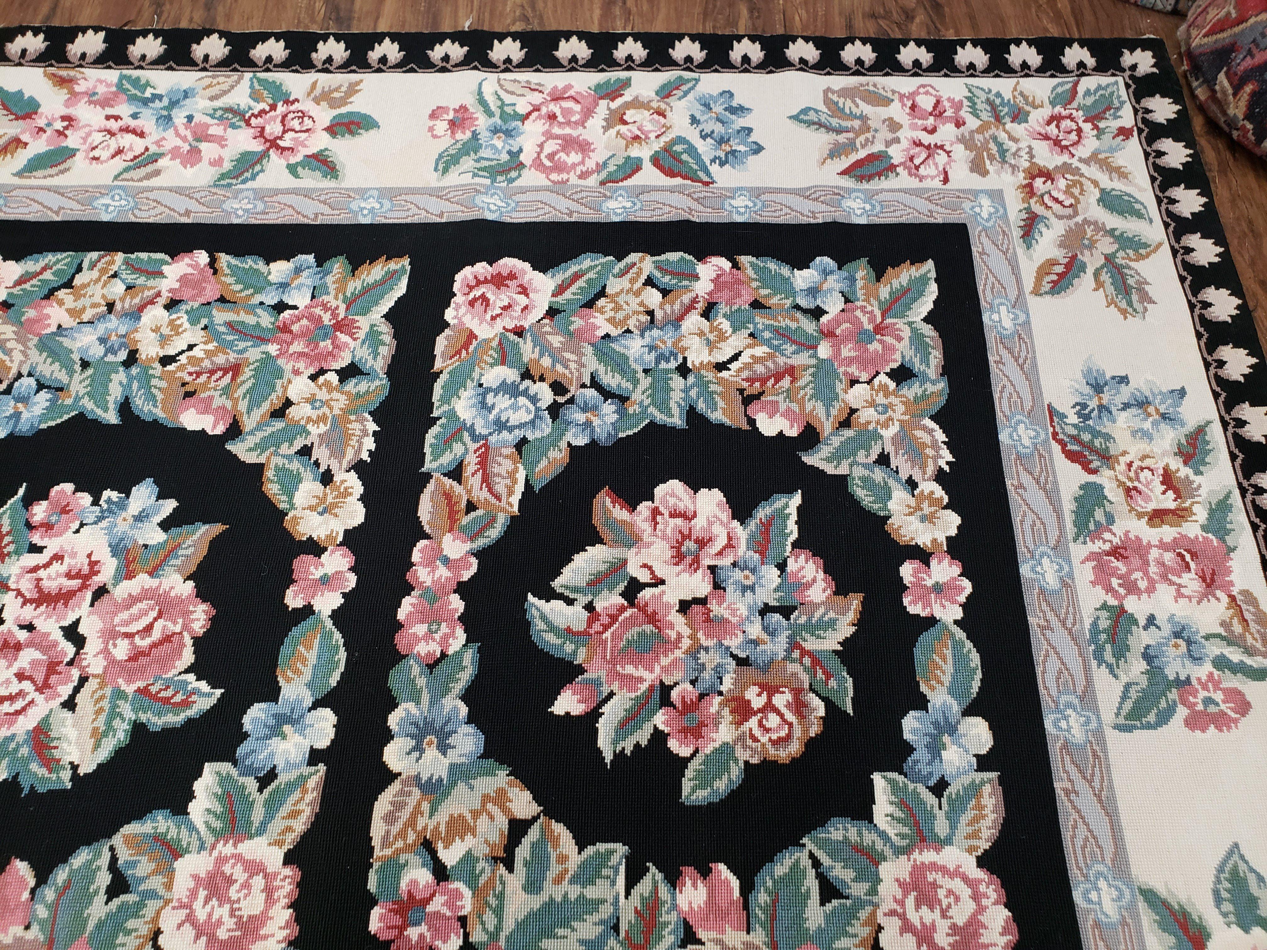 Floral Needlepoint Rug 9.5 x 13.6, Floral Panel Design, Black and Ivory Flatweave Aubusson Carpet, Multicolor - Jewel Rugs