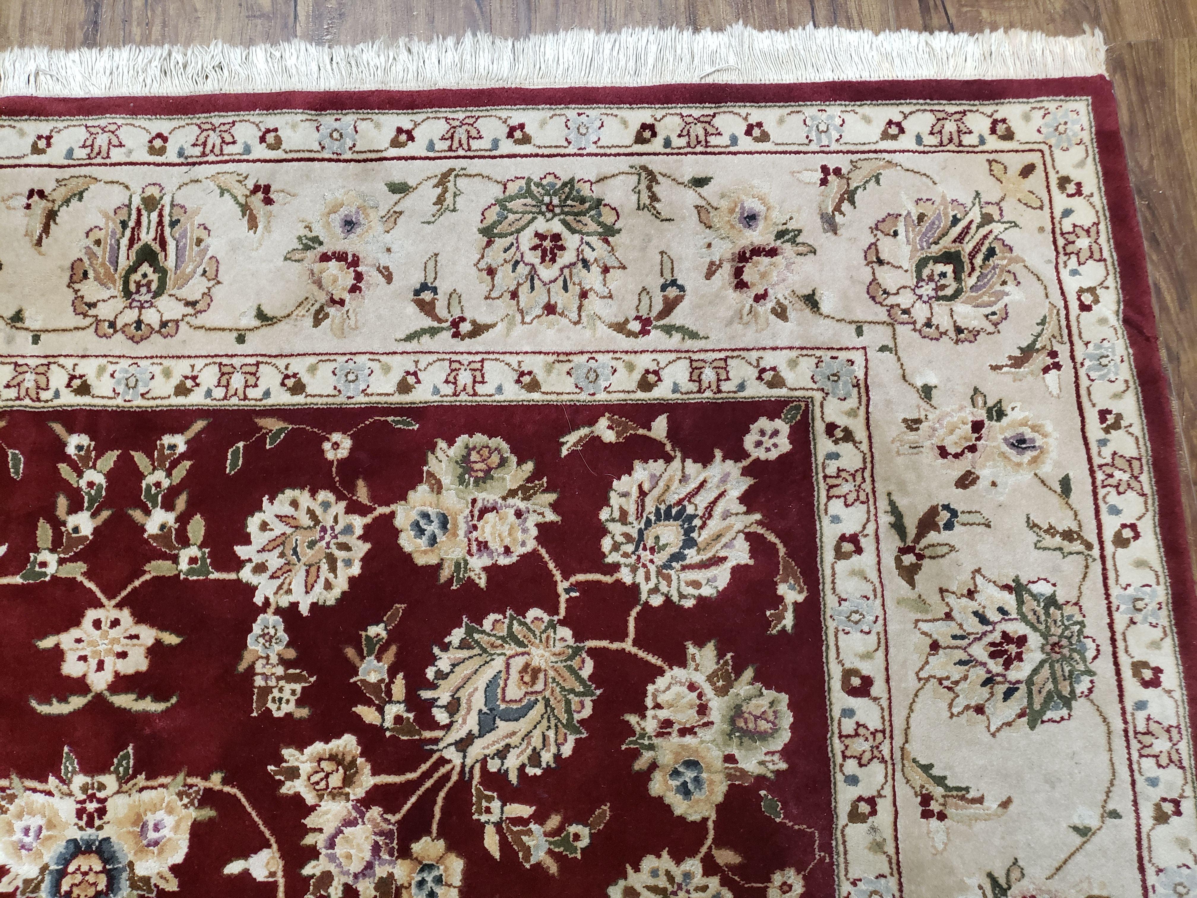 Vintage Traditional Oriental Area Rug, Hand-Knotted, Wool & Silk Accents, Maroon Red and Beige, 6x9 Carpet, 5' 9" x 9' - Jewel Rugs