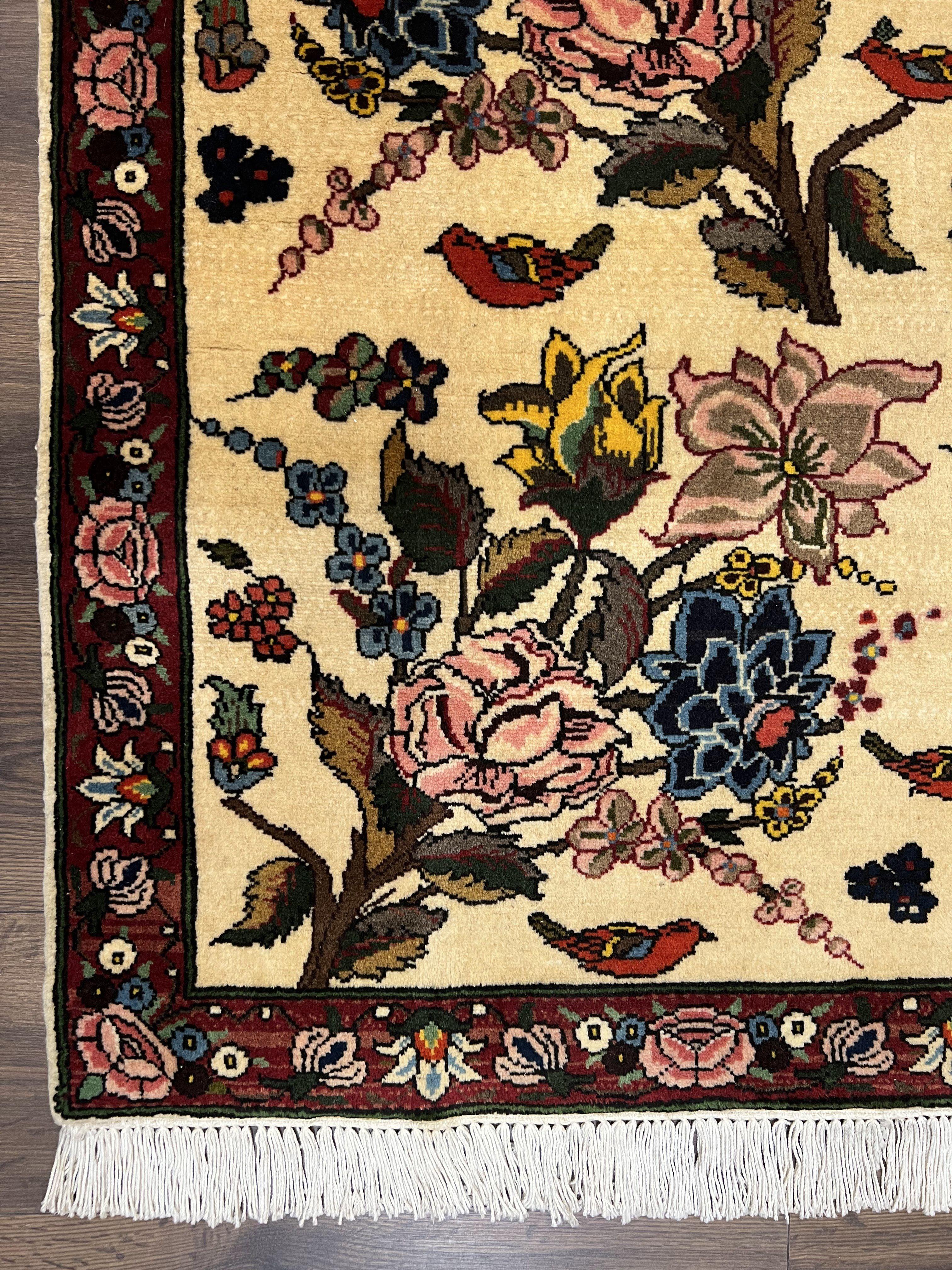 Persian Bidjar Rug 3.6 x 5 ft, Repeated Floral Motifs, Roses and Birds, Cream Burgundy, Fine Wool Oriental Bijar Carpet, Vintage Traditional Area Rug - Jewel Rugs