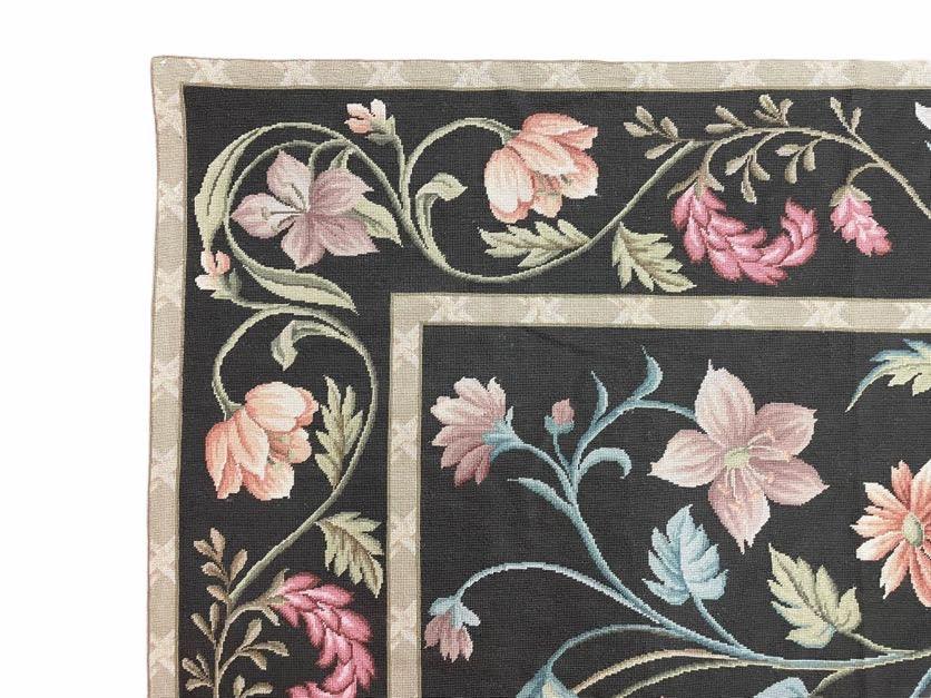 Black Aubusson Needlepoint Rug 9x12, Flatweave Carpet Floral Pattern, Flowers, European Design, Handmade Hand-Knotted Hand-Woven, Brand New - Jewel Rugs