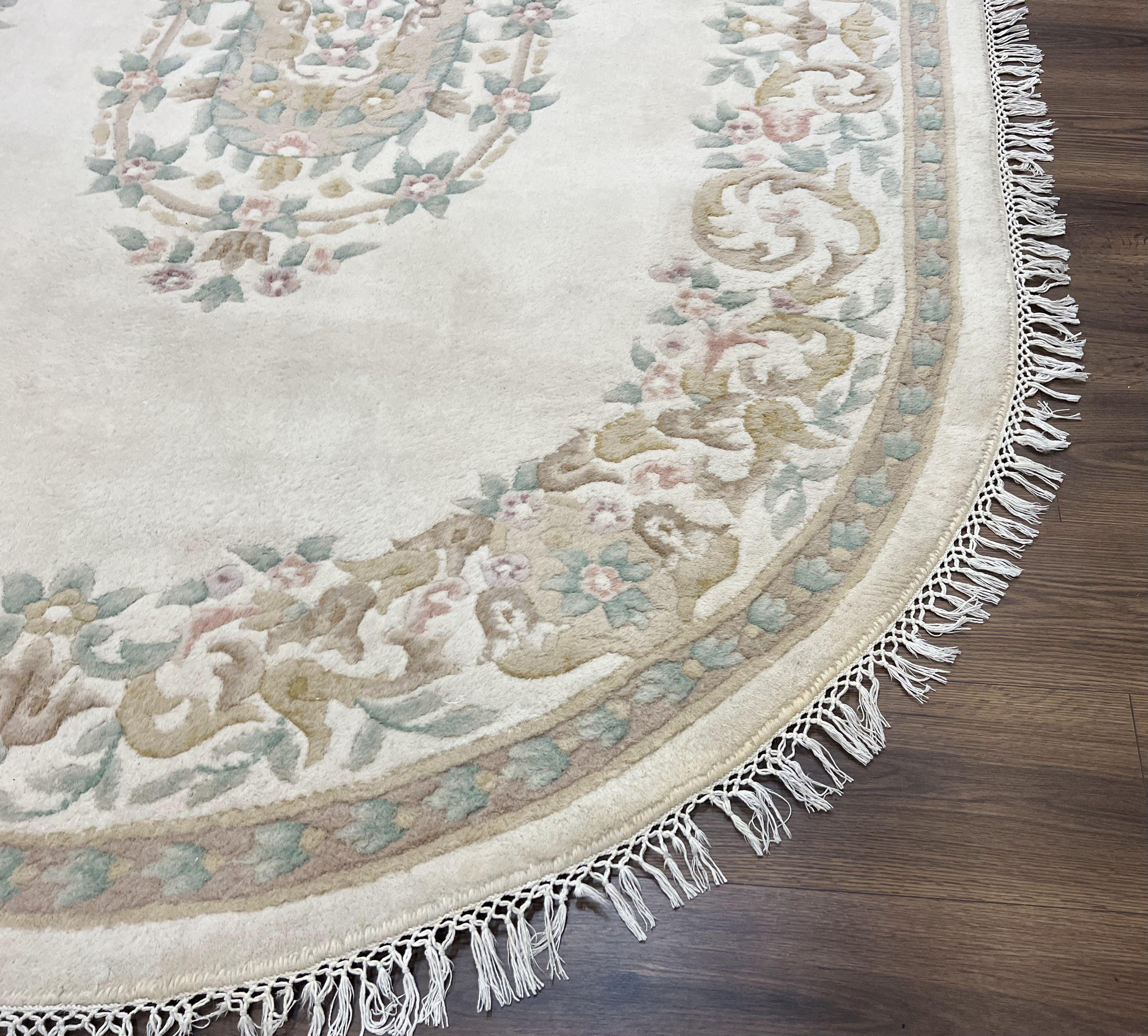 Indo Chinese Oval Rug 6x9, Aubusson Design, Ivory, Hand Knotted Wool Carpet, Large Vintage Oval Rug - Jewel Rugs