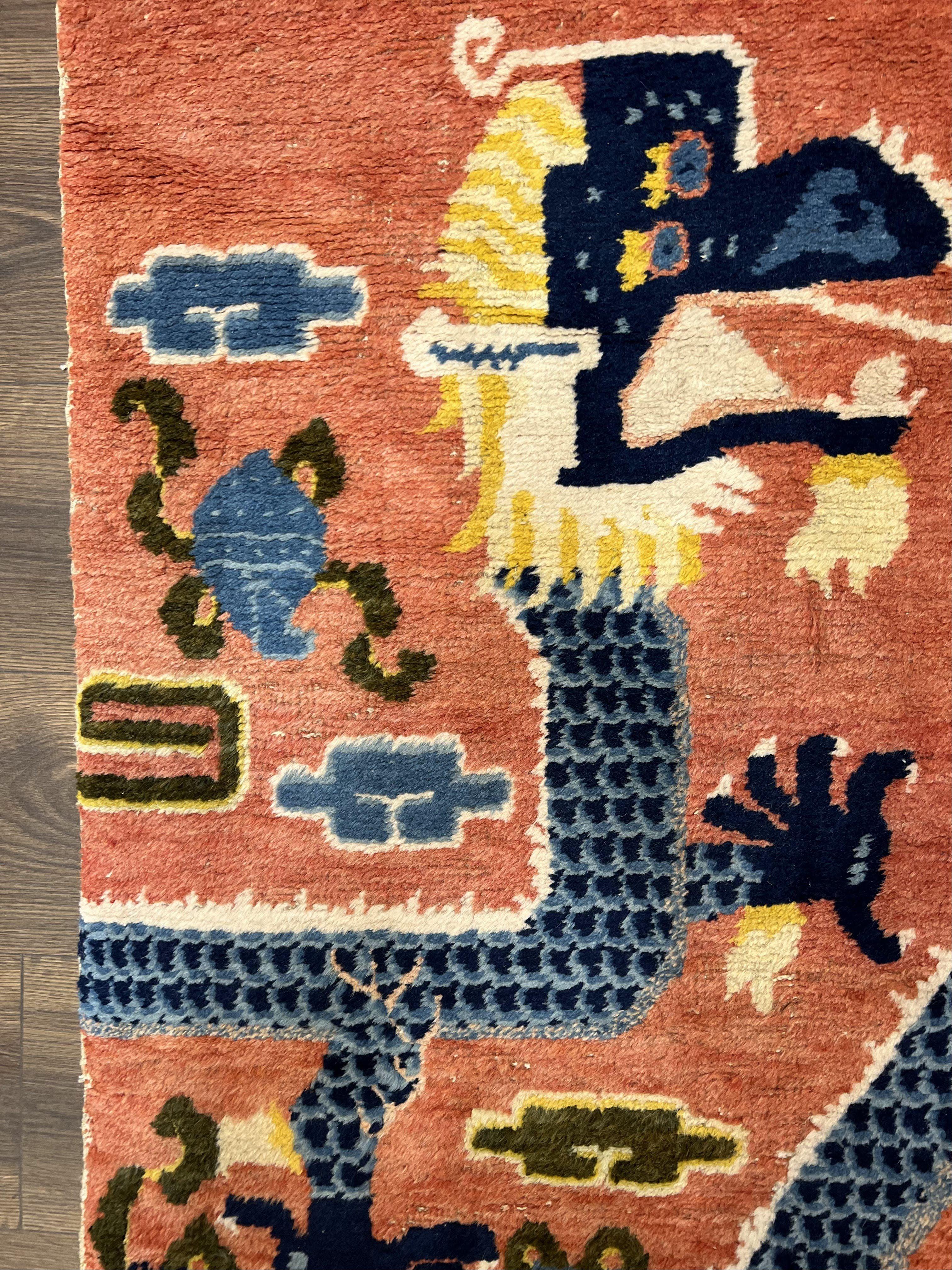 Rare Chinese Ningxia Pillar Rug 3x8, Late Qing Dynasty, 5 Clawed Dragon, Cloud Rainbow Border, Collectible Antique Carpet, Wool Hand Knotted - Jewel Rugs