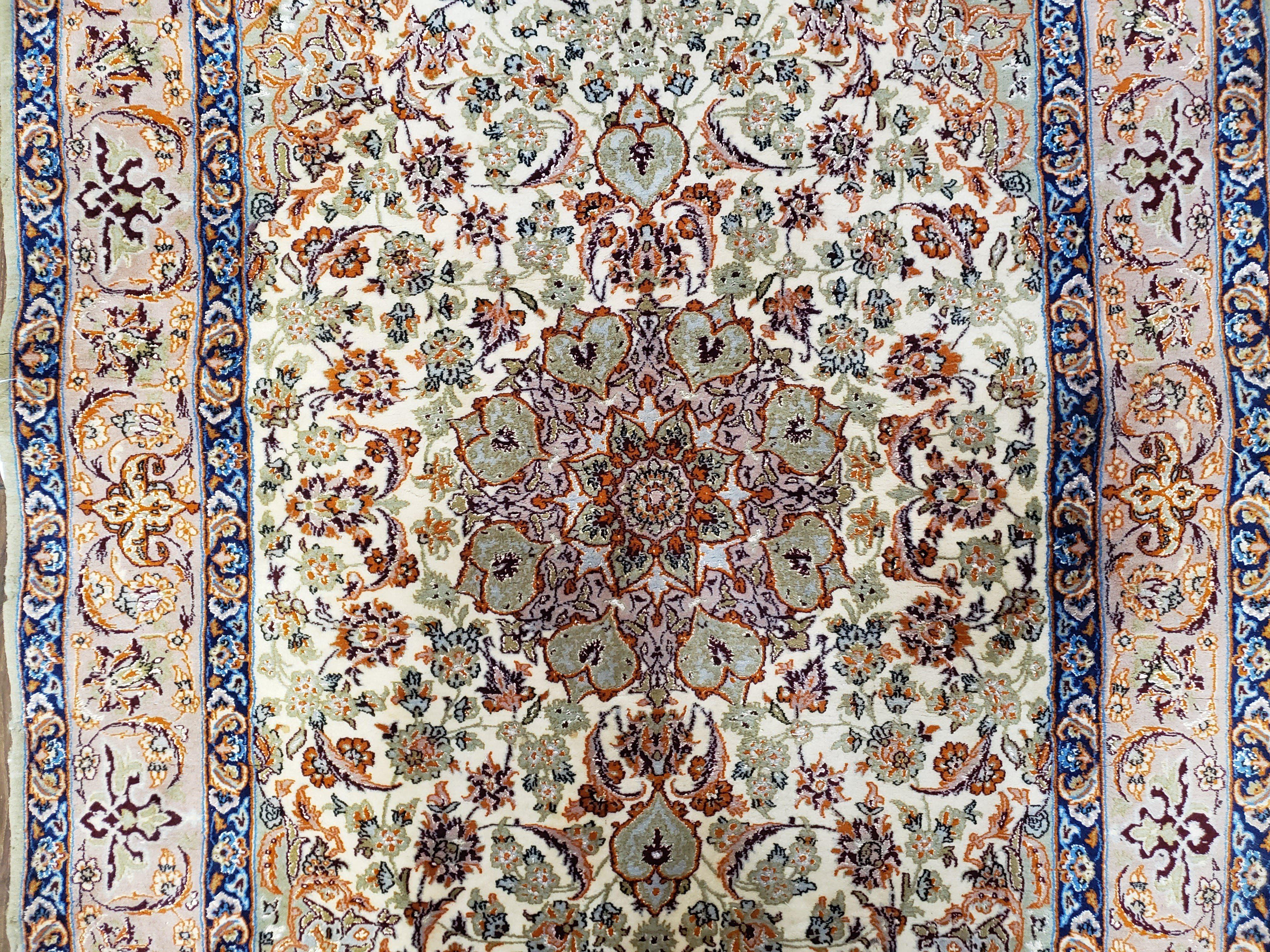 Vintage Persian Isfahan Lachak Toranj Rug, Highly Detailed, Kork Wool on Silk Foundation, Beige and Dark Blue, Hand-Knotted, 3'6" x 5' 4" - Jewel Rugs