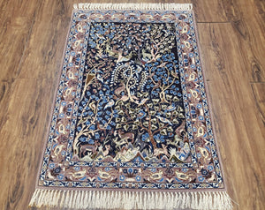 Semi Antique Persian Isfahan Rug, Hand-Knotted, Tree of Life Pattern with Animal Motifs, Dark Blue and Taupe, Kork Wool on Silk Foundation, 2'4" x 3'5" - Jewel Rugs