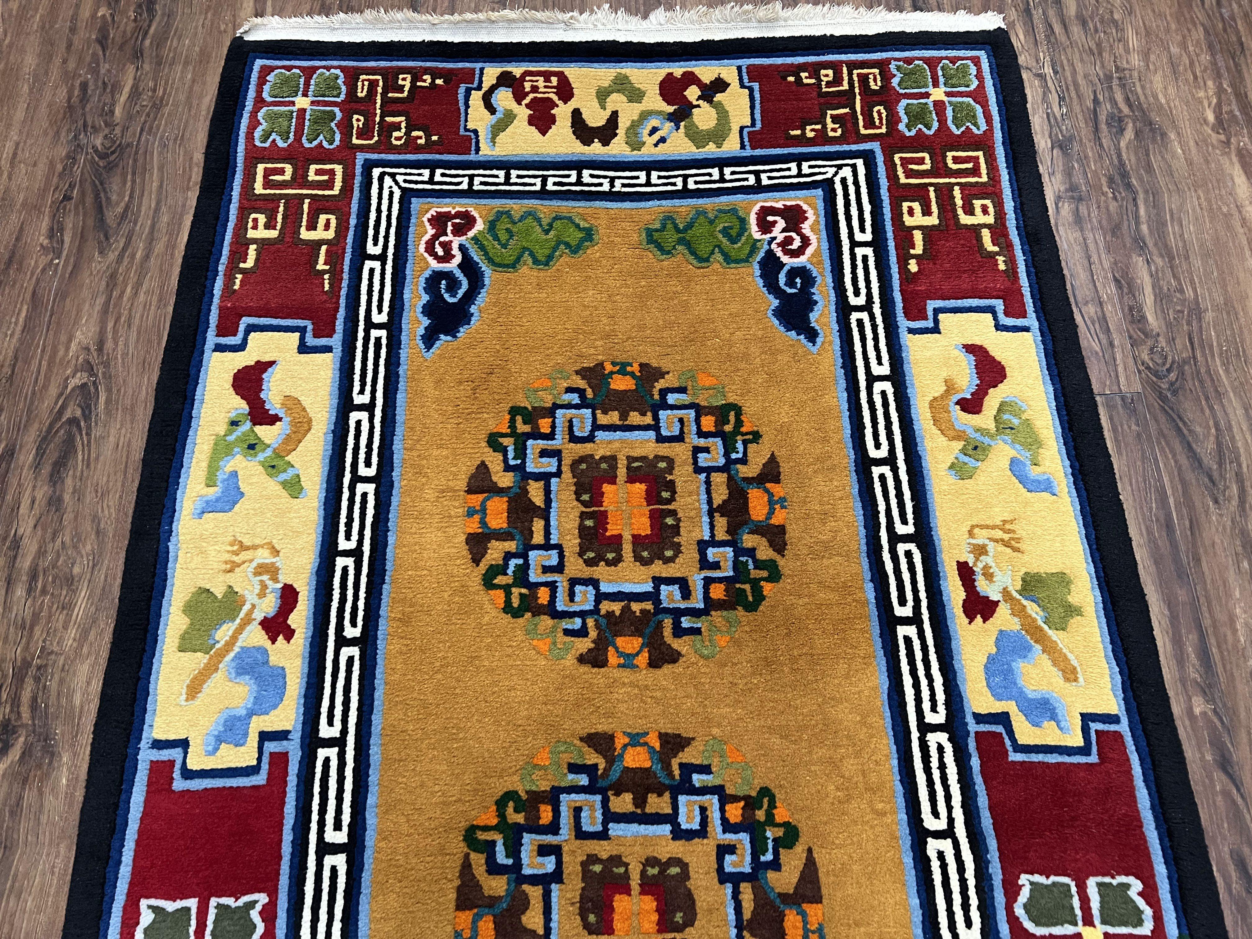 Vintage Chinese Art Deco Rug 3x6, Orange Dark Blue Maroon Chinese Peking Carpet, Asian Oriental Wool Rug, Bold Colors, Bedroom Rug, Hallway - Jewel Rugs