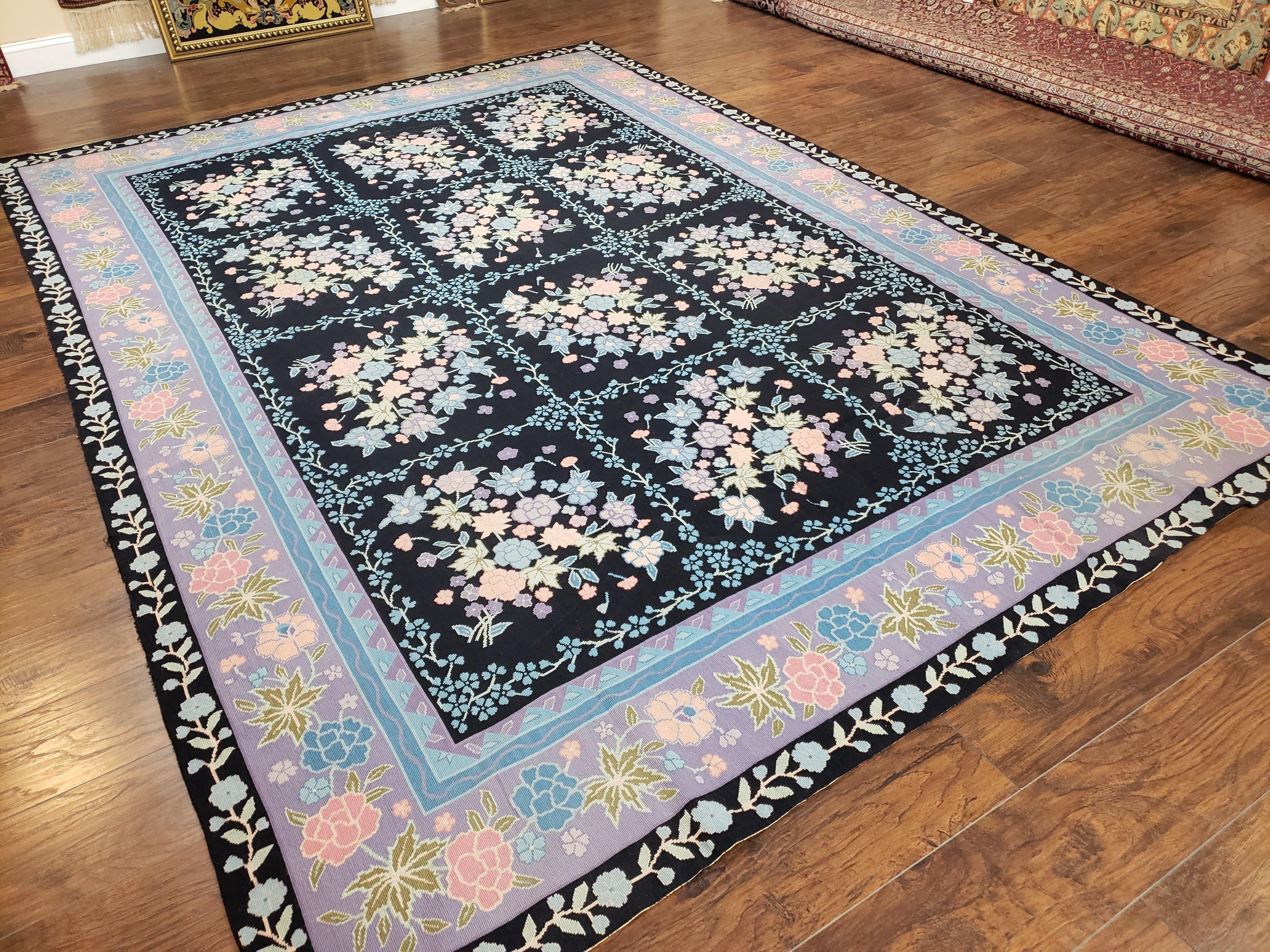 Chinese Needlepoint Rug 8 x 11.4, Hand-Woven Area Carpet, Flatweave Rug, Black Blue Light Violet Floral Garden European Design Wool Aubusson - Jewel Rugs