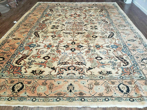 9' X 12' Hand Knotted Indian Agra Wool Rug Vegetable Dyes Handmade Beige Ivory - Jewel Rugs