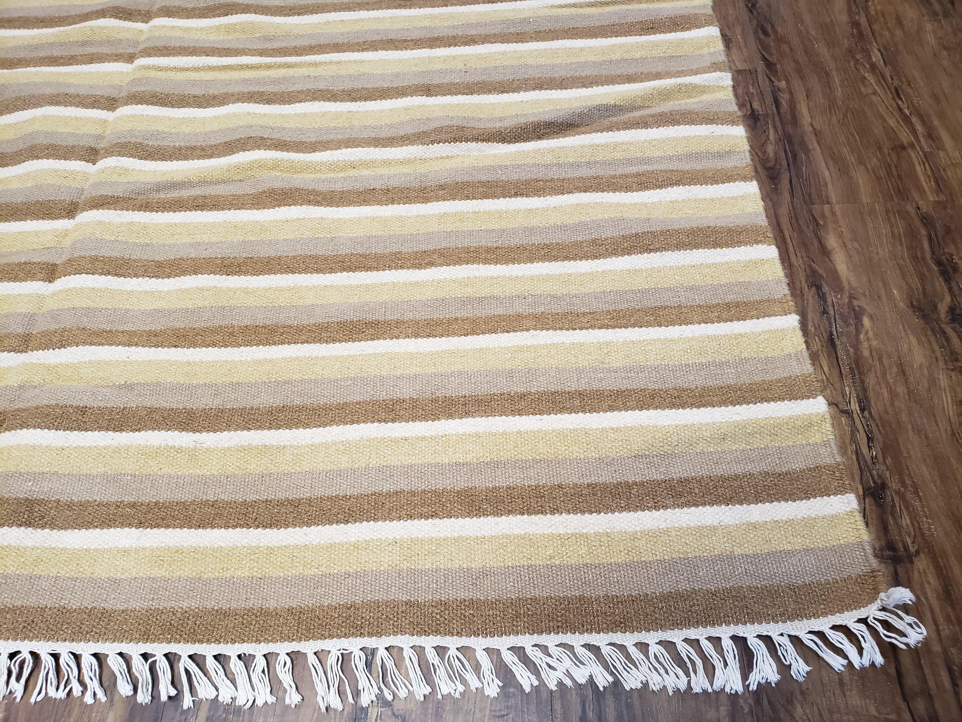 Indian Striped Blanket 6x9, Large Indo Kilim Area Rug, Earthern Tones Woolen Hand-Woven Flatweave South American Style Queen Size Bedspread - Jewel Rugs