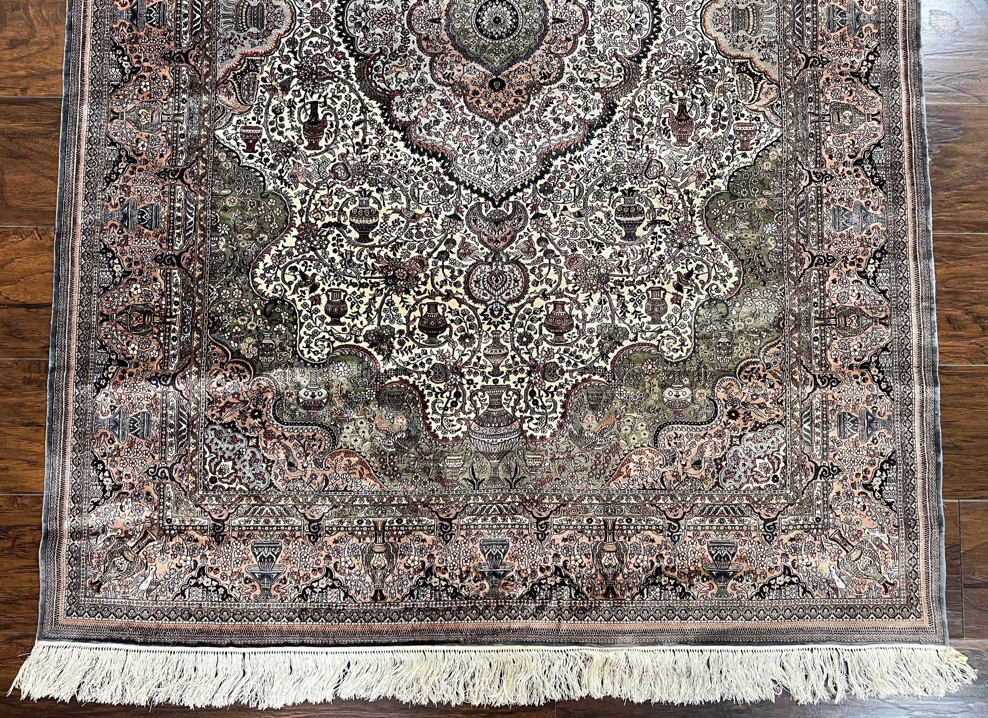 Very Fine Sino Persian Silk Rug 4x6, Floral Medallion, Hand Knotted, Silk Pile on Silk Foundation, Ivory, Vintage Handmade Oriental Carpet - Jewel Rugs