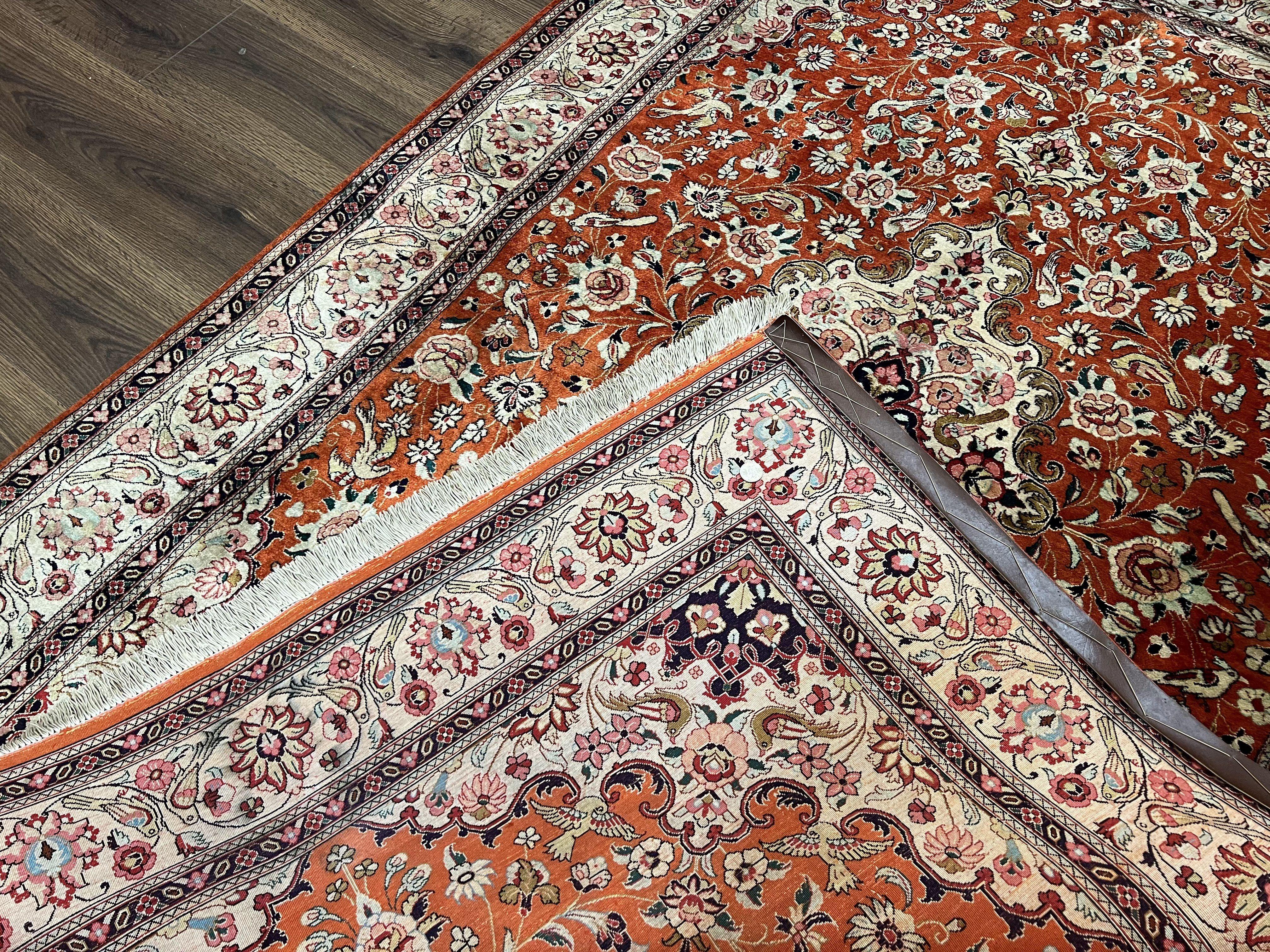 Persian Qum Silk Rug 5x7 - Floral Medallion, Birds, Orange-Red - Jewel Rugs