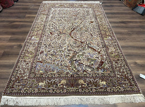 Stunning Persian Isfahan Rug 5x8, Animal Pictorials - Birds Peacocks, Fine & Highly Detailed, Kork Wool on Silk Foundation, Tree of Life, Hand-Knotted, Cream - Jewel Rugs